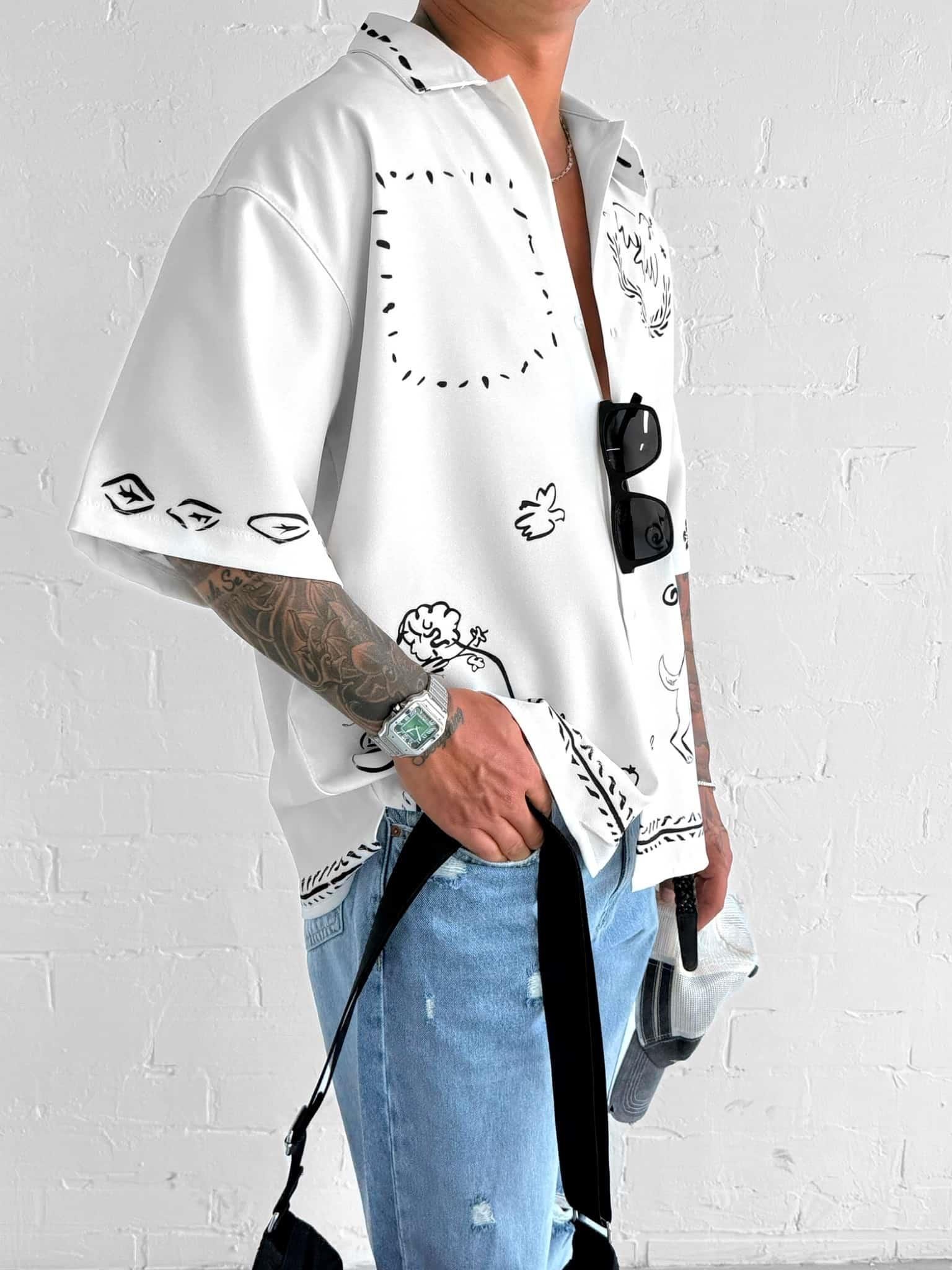 Erkek Desenli Süper Oversize Gömlek Ekru