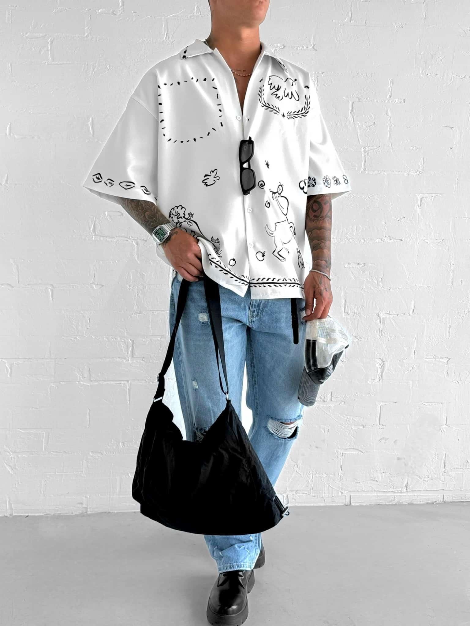 Erkek Desenli Süper Oversize Gömlek Ekru