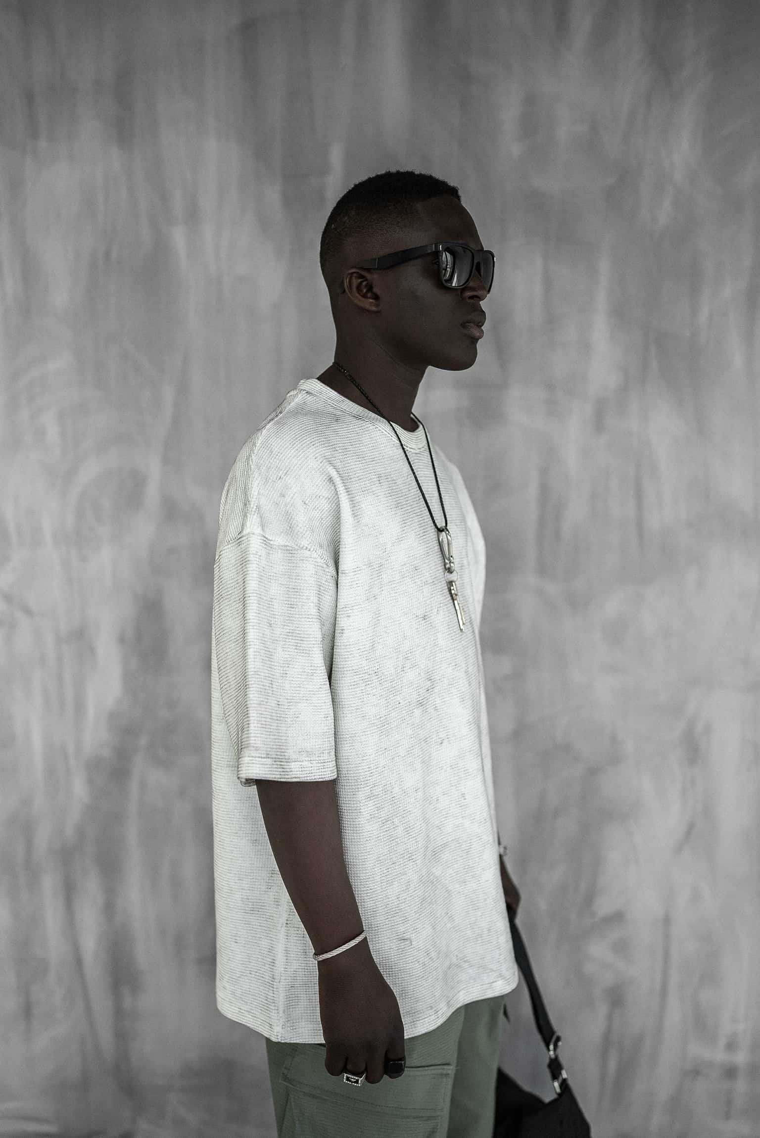 Erkek Desenli Waffle Kumaş Yıkamalı Oversize T-Shirt Ekru