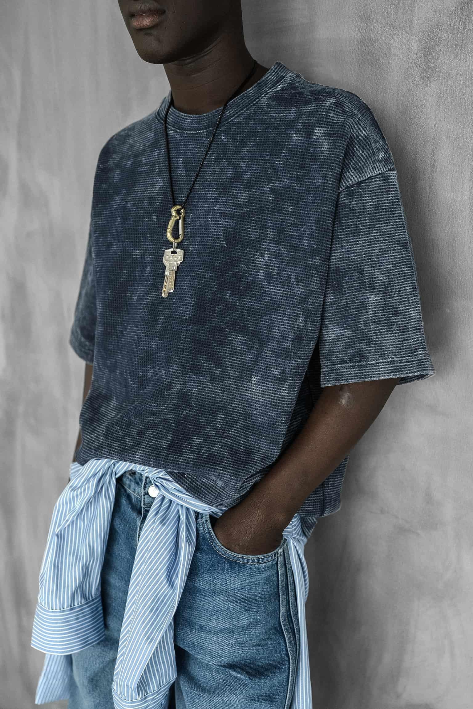 Erkek Desenli Waffle Kumaş Yıkamalı Oversize T-Shirt Mavi