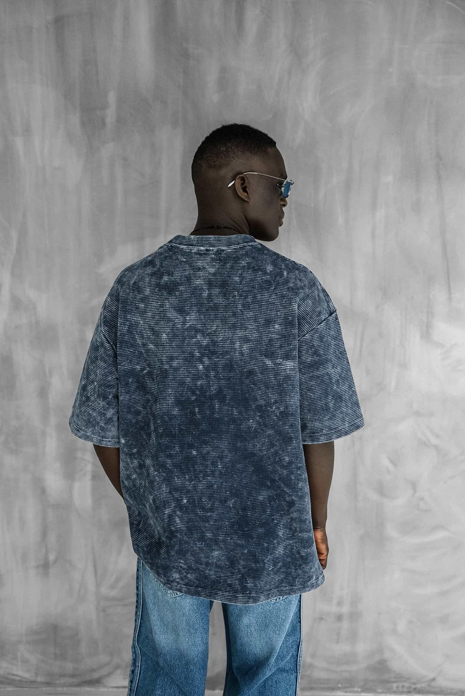 Erkek Desenli Waffle Kumaş Yıkamalı Oversize T-Shirt Mavi