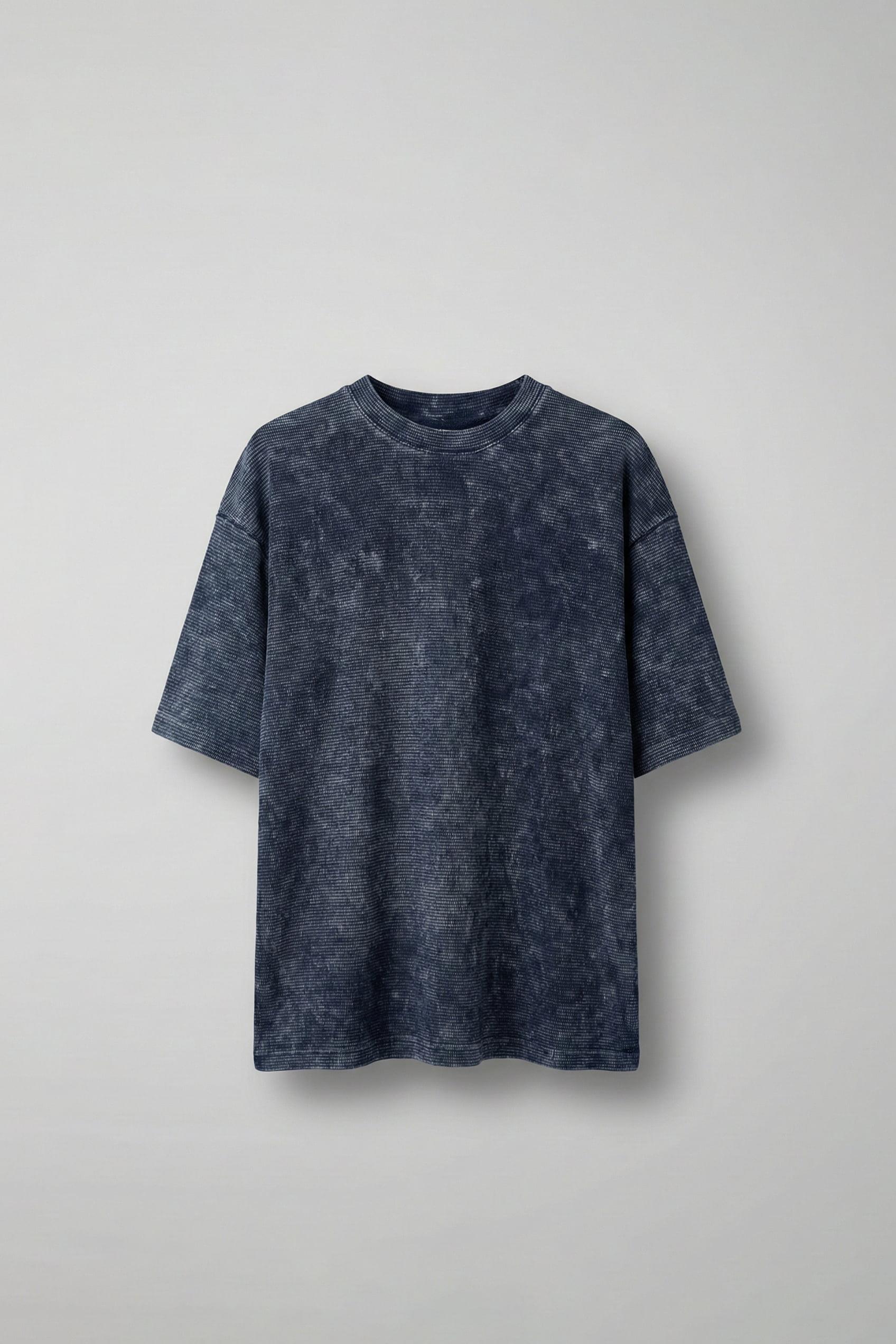 Erkek Desenli Waffle Kumaş Yıkamalı Oversize T-Shirt Mavi