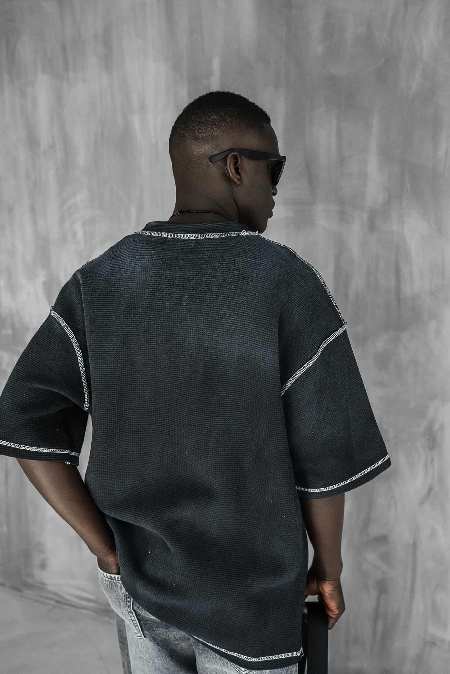 Erkek Dikiş Detaylı Waffle Kumaş Oversize T-Shirt Siyah