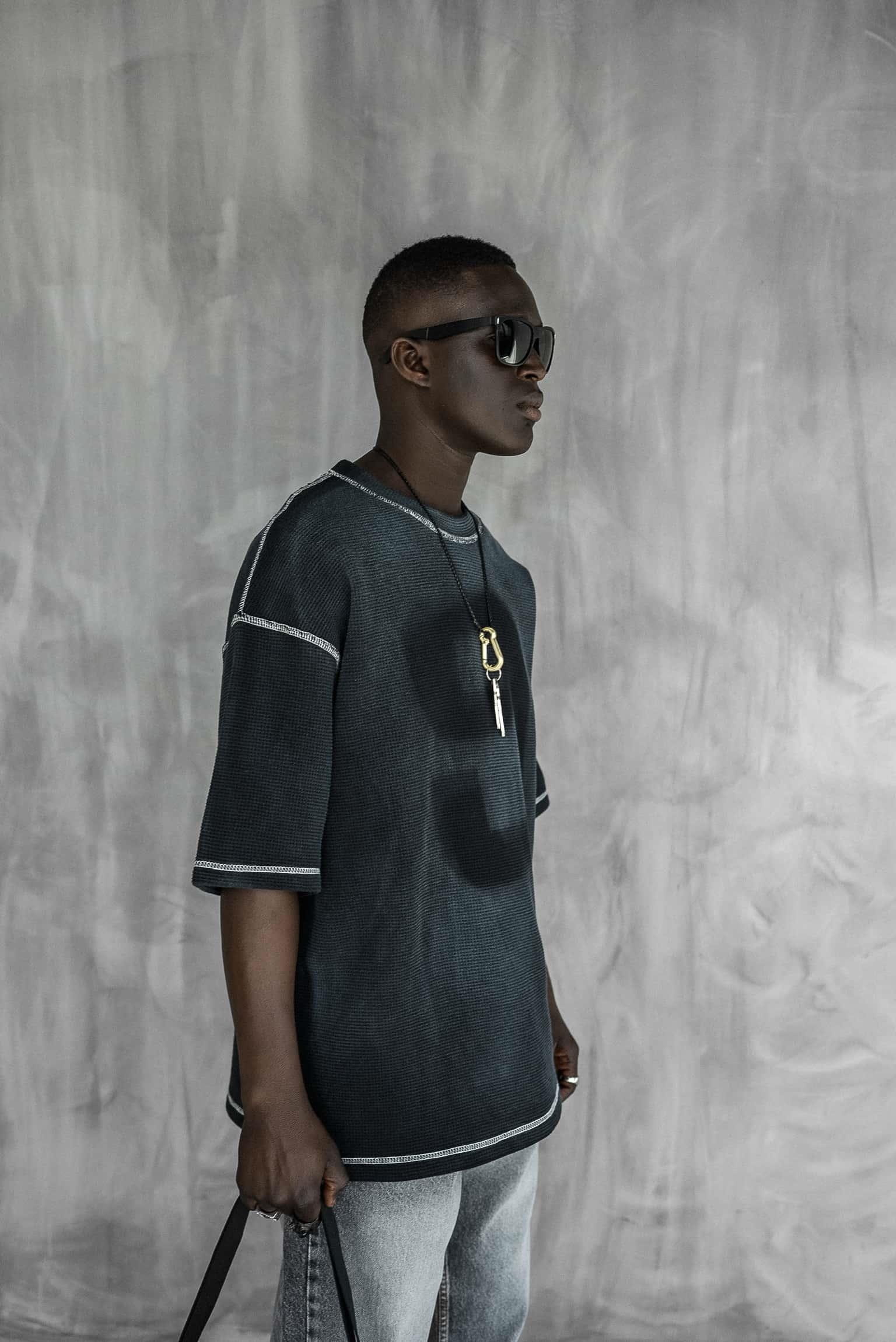 Erkek Dikiş Detaylı Waffle Kumaş Oversize T-Shirt Siyah