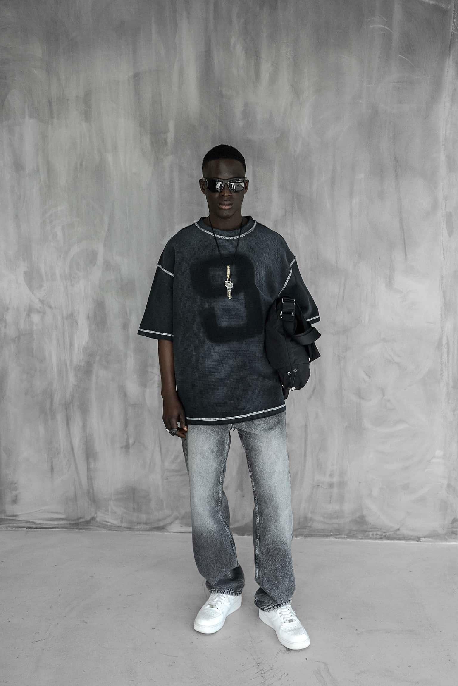 Erkek Dikiş Detaylı Waffle Kumaş Oversize T-Shirt Siyah