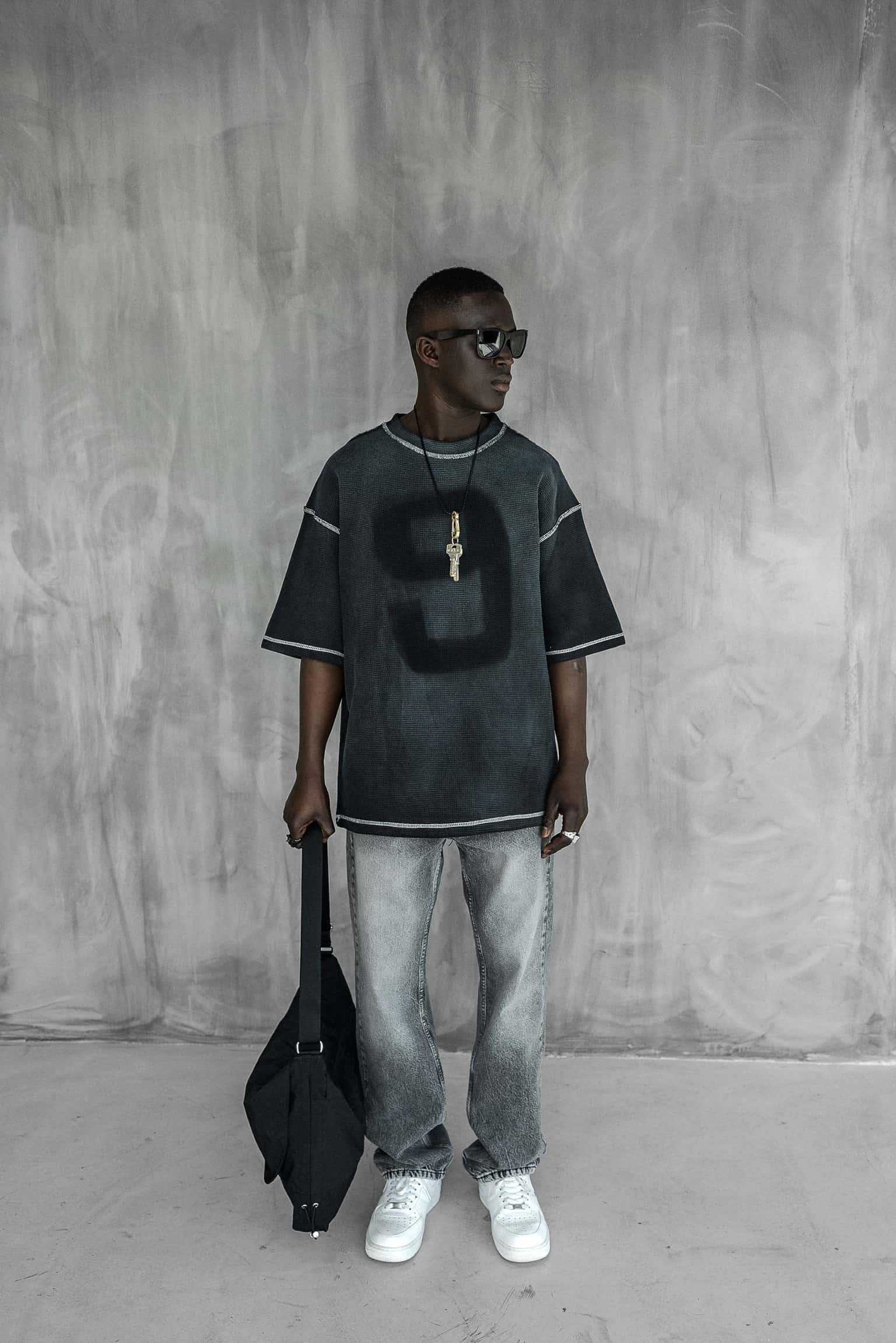 Erkek Dikiş Detaylı Waffle Kumaş Oversize T-Shirt Siyah