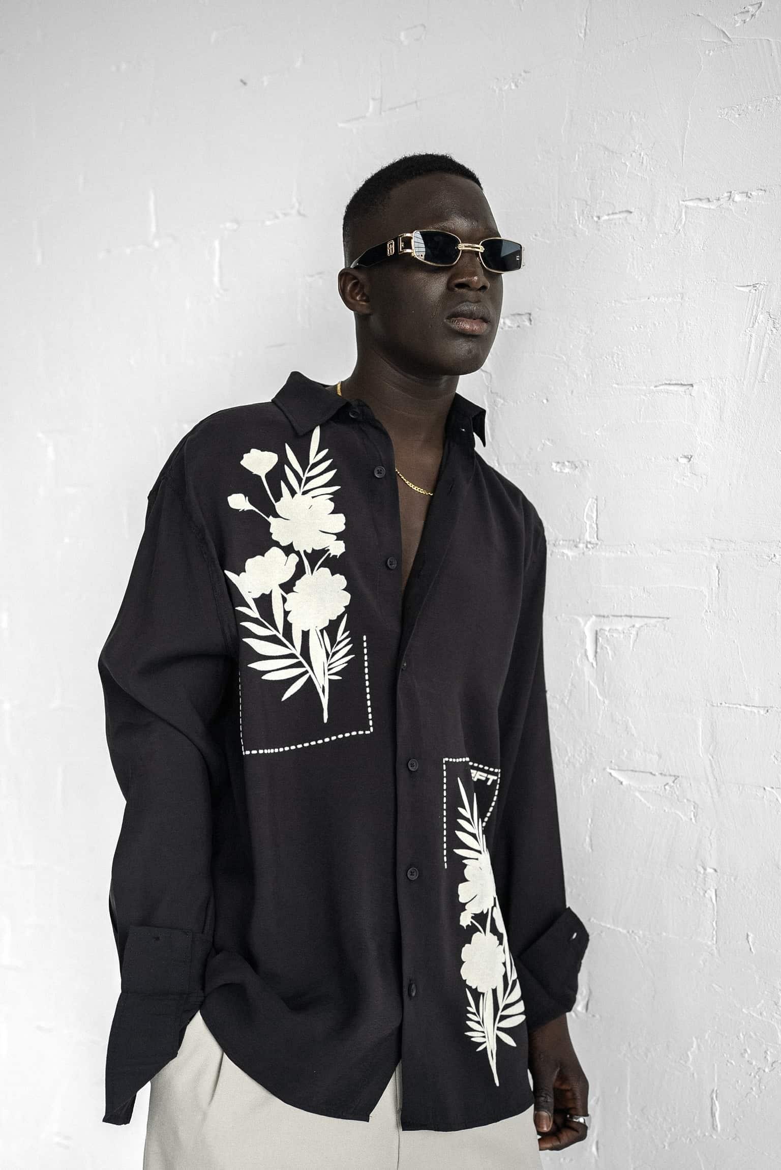 Erkek Dokulu Baskılı Oversize Rahat Gömlek Siyah