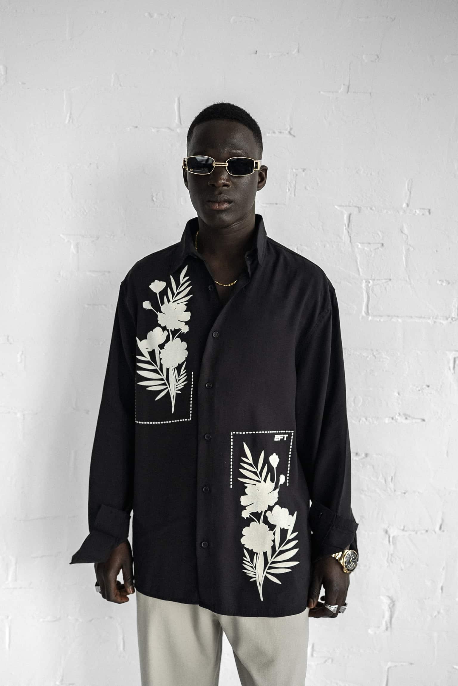 Erkek Dokulu Baskılı Oversize Rahat Gömlek Siyah