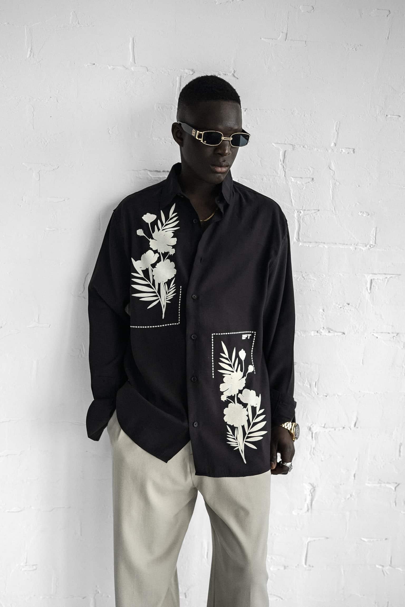 Erkek Dokulu Baskılı Oversize Rahat Gömlek Siyah