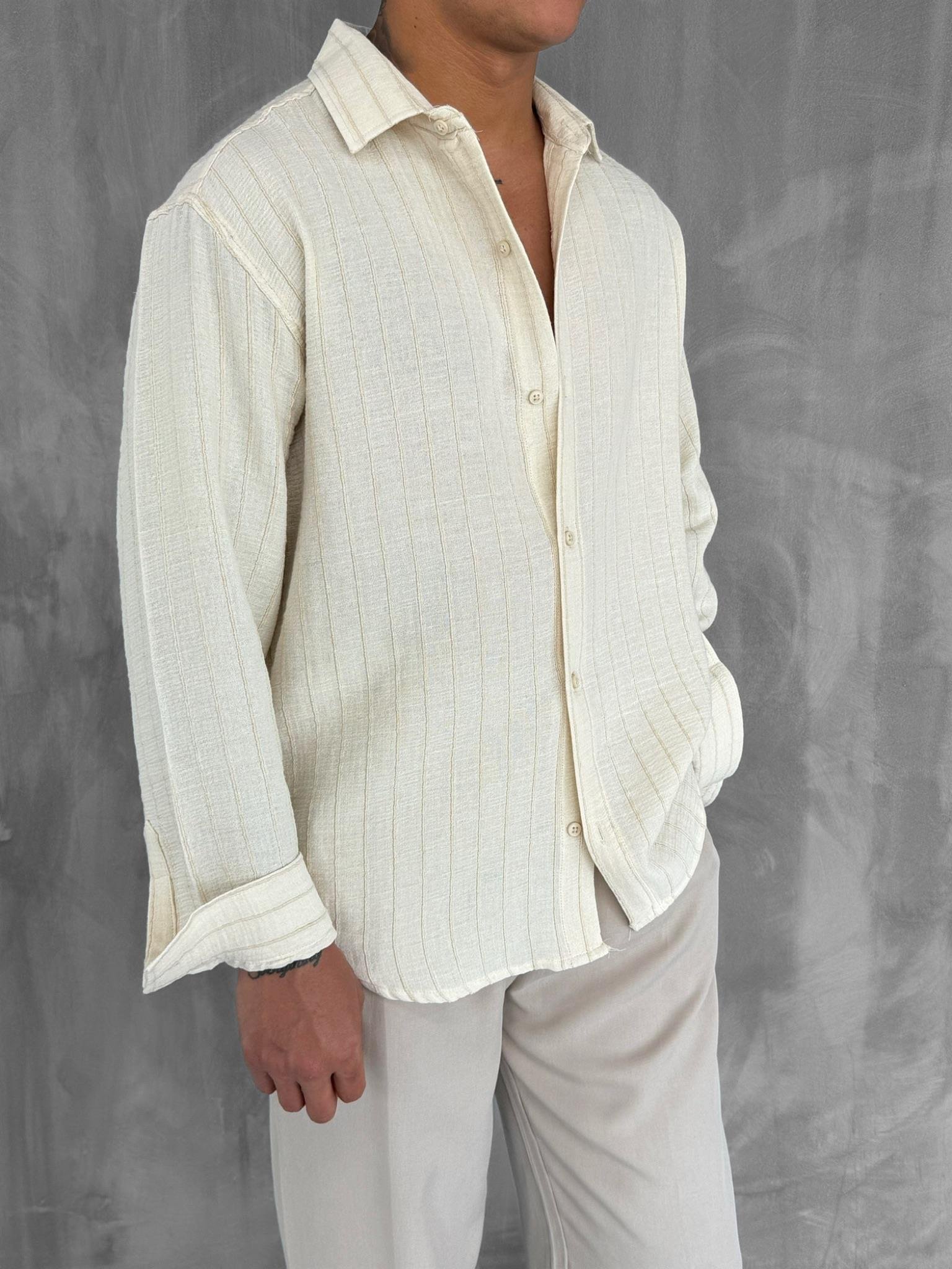 Erkek Dokulu Çizgili Oversize Gömlek Bej