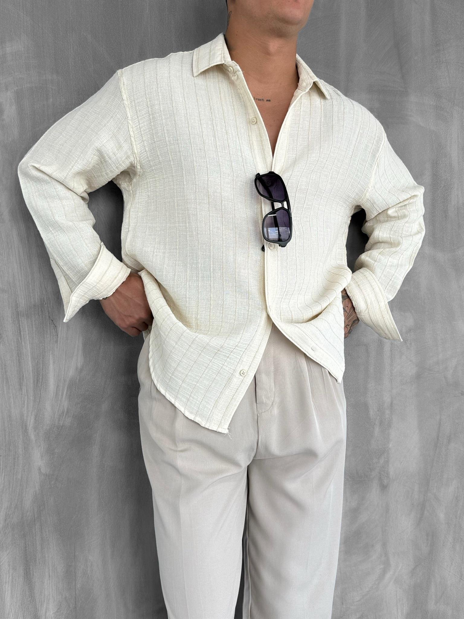 Erkek Dokulu Çizgili Oversize Gömlek Bej