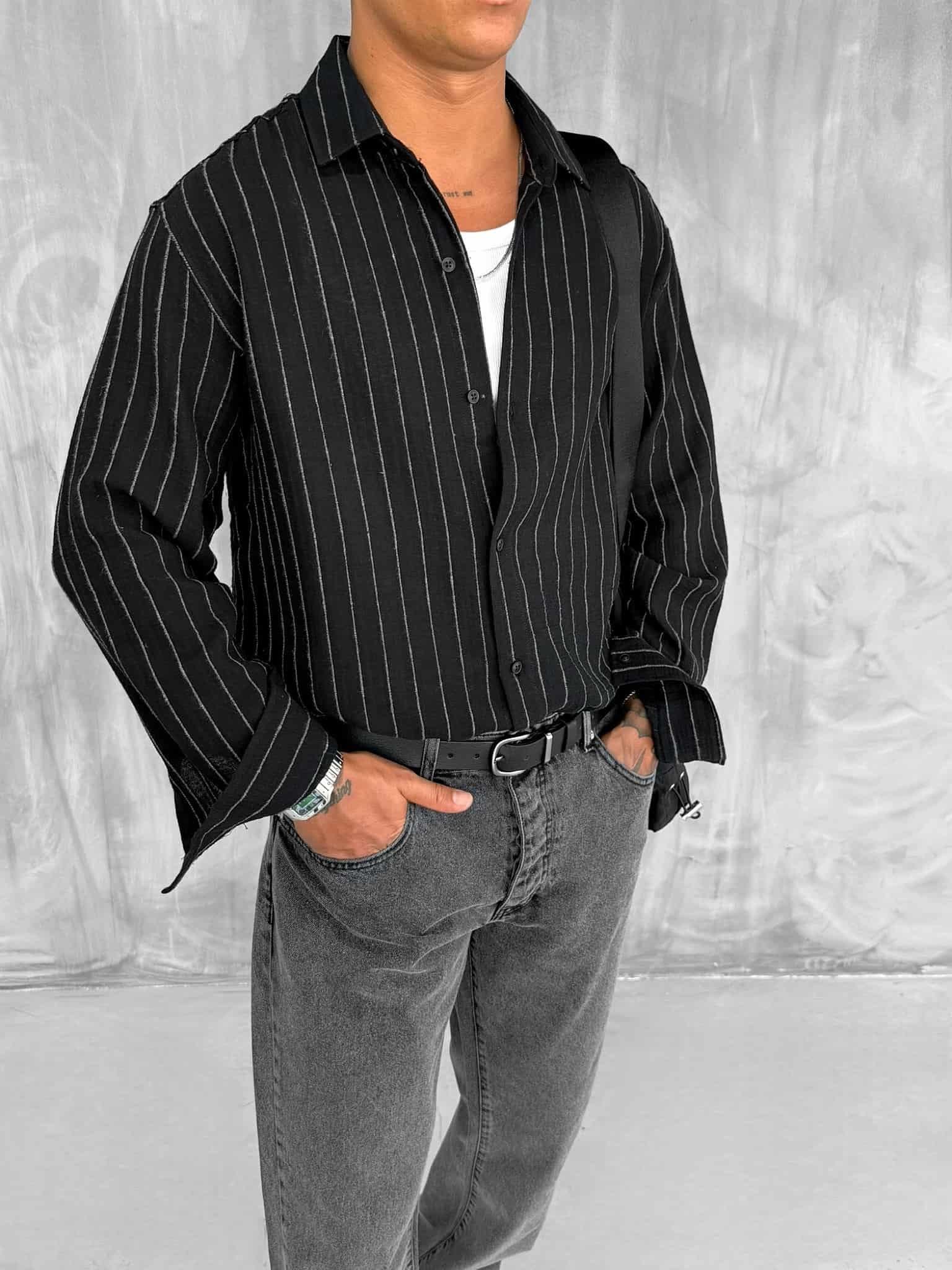 Erkek Dokulu Çizgili Oversize Gömlek Siyah