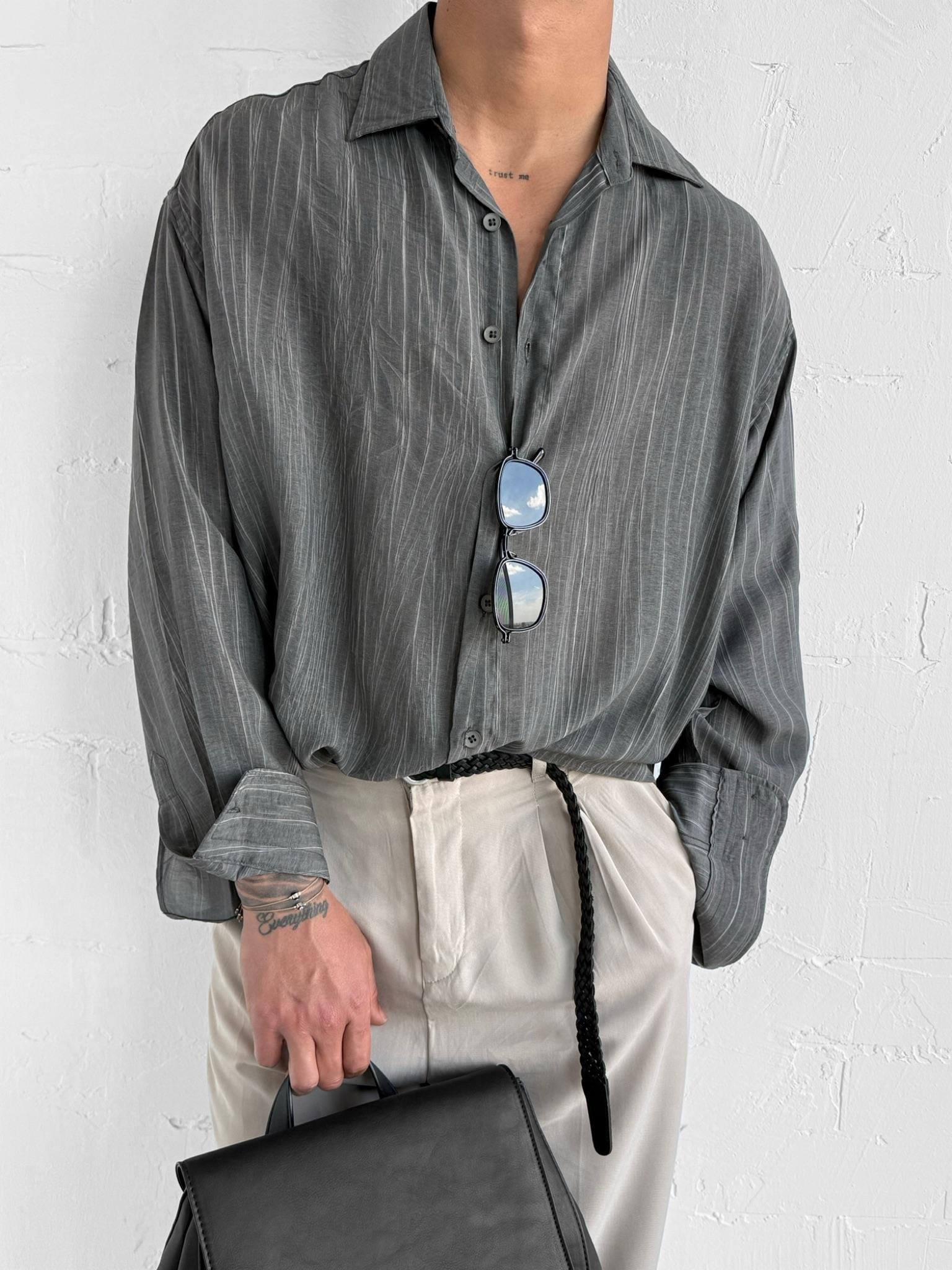 Erkek Dokulu Desenli Çizgili Oversize Gömlek Siyah