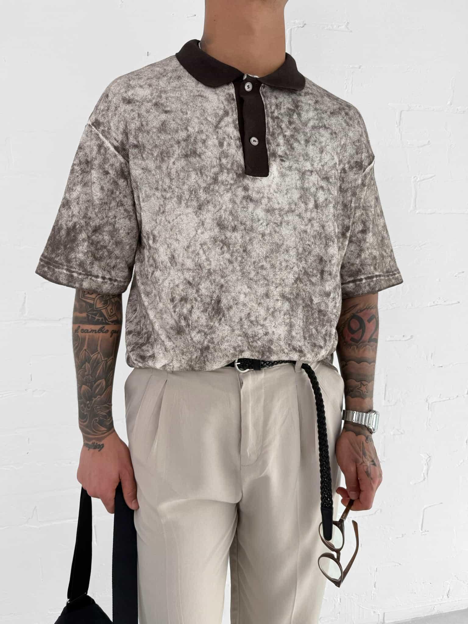 Erkek Düğmeli Polo Yaka Desenli Oversize Triko T-Shirt Kahverengi