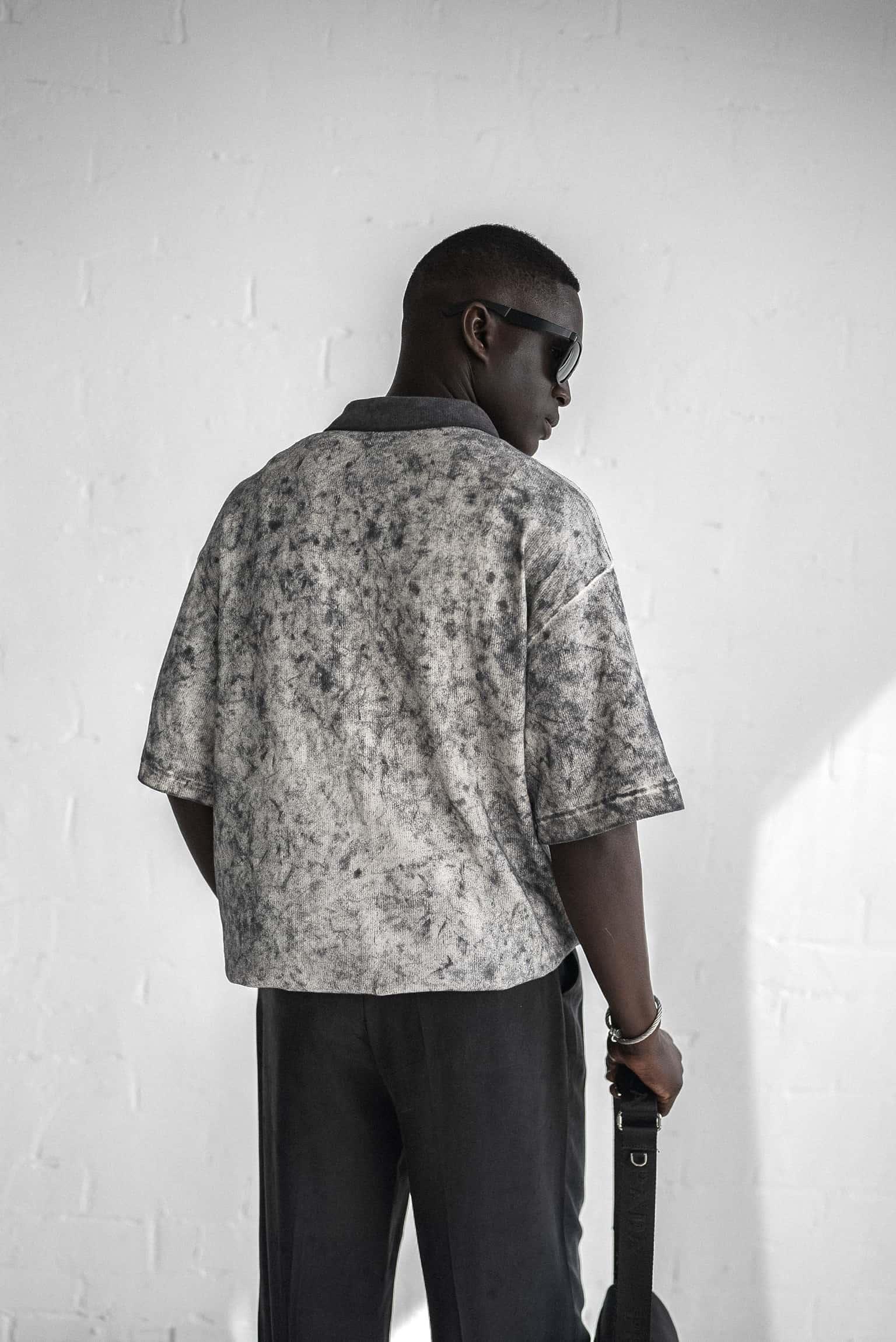 Erkek Düğmeli Polo Yaka Desenli Oversize Triko T-Shirt Siyah