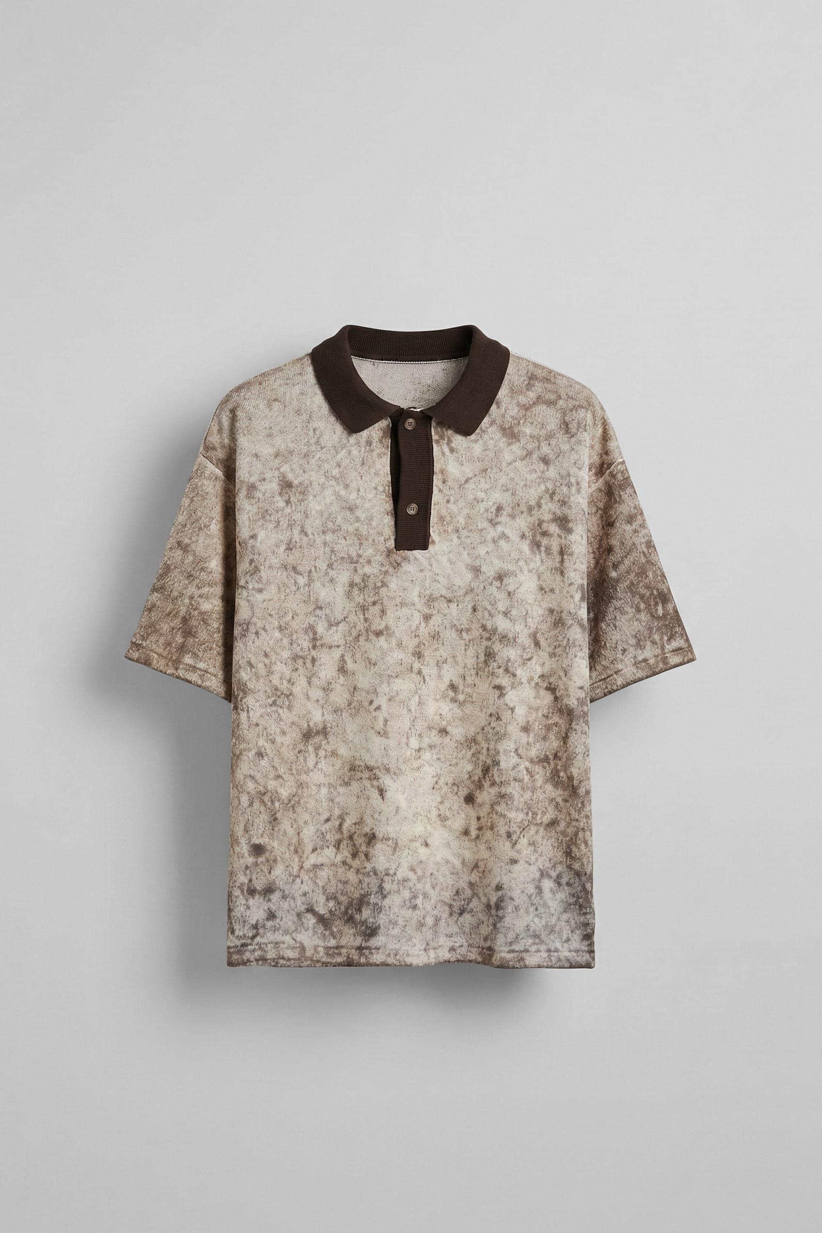 Erkek Düğmeli Polo Yaka Desenli Oversize Triko T-Shirt Kahverengi