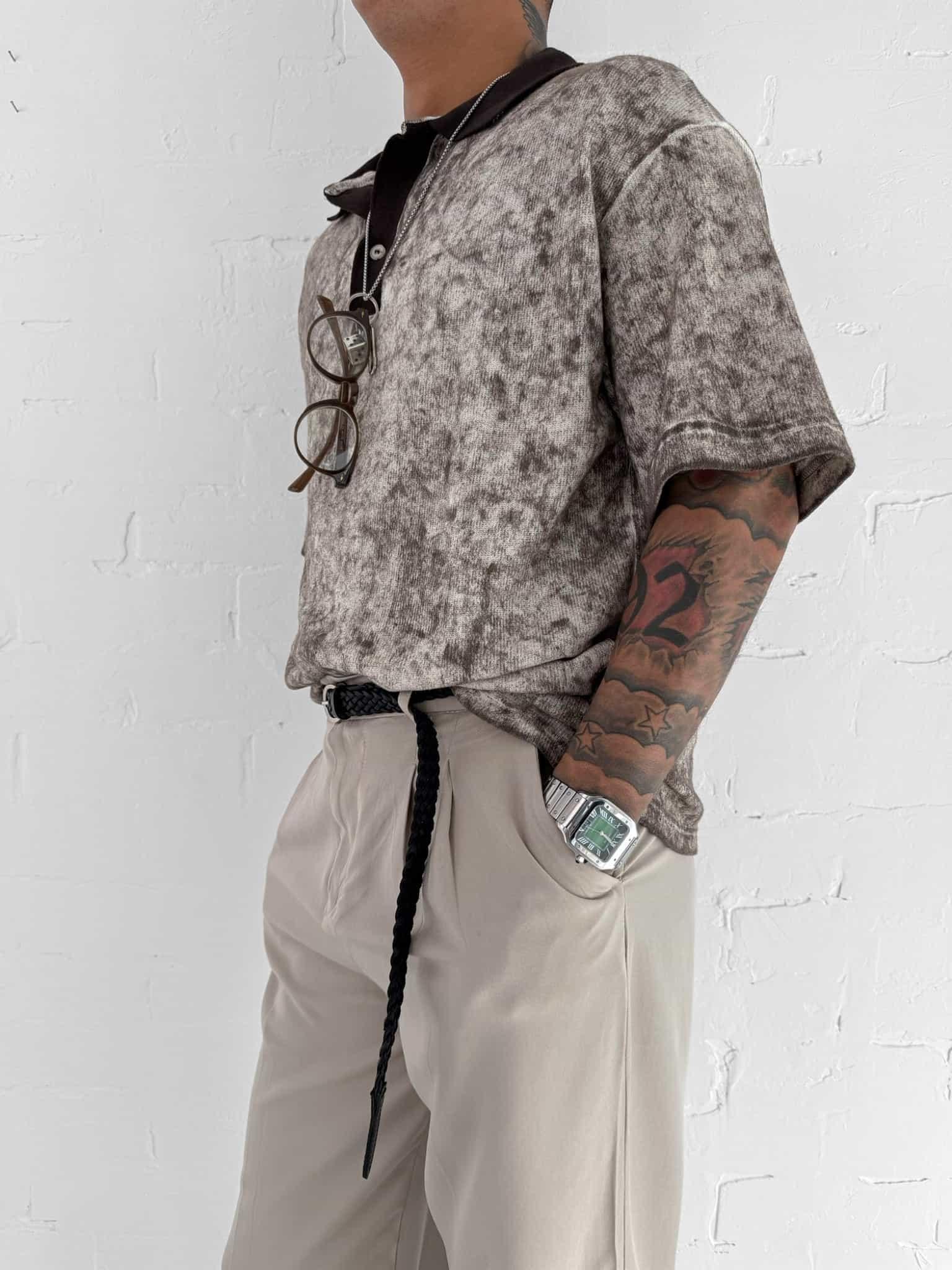 Erkek Düğmeli Polo Yaka Desenli Oversize Triko T-Shirt Kahverengi