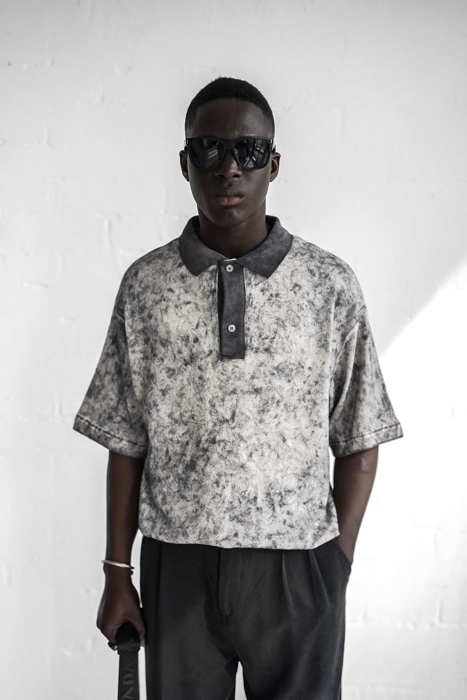 Erkek Düğmeli Polo Yaka Desenli Oversize Triko T-Shirt Siyah