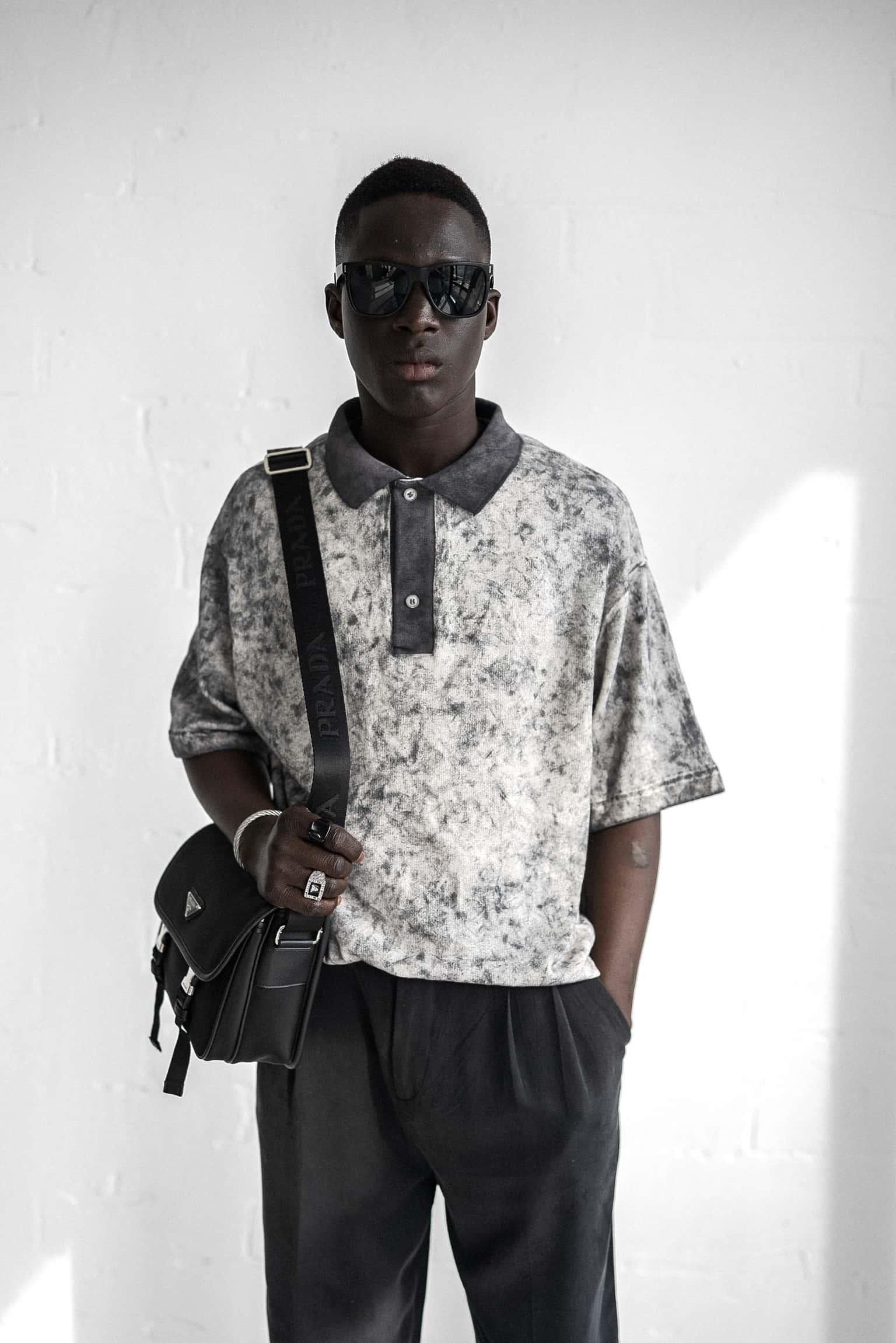 Erkek Düğmeli Polo Yaka Desenli Oversize Triko T-Shirt Siyah