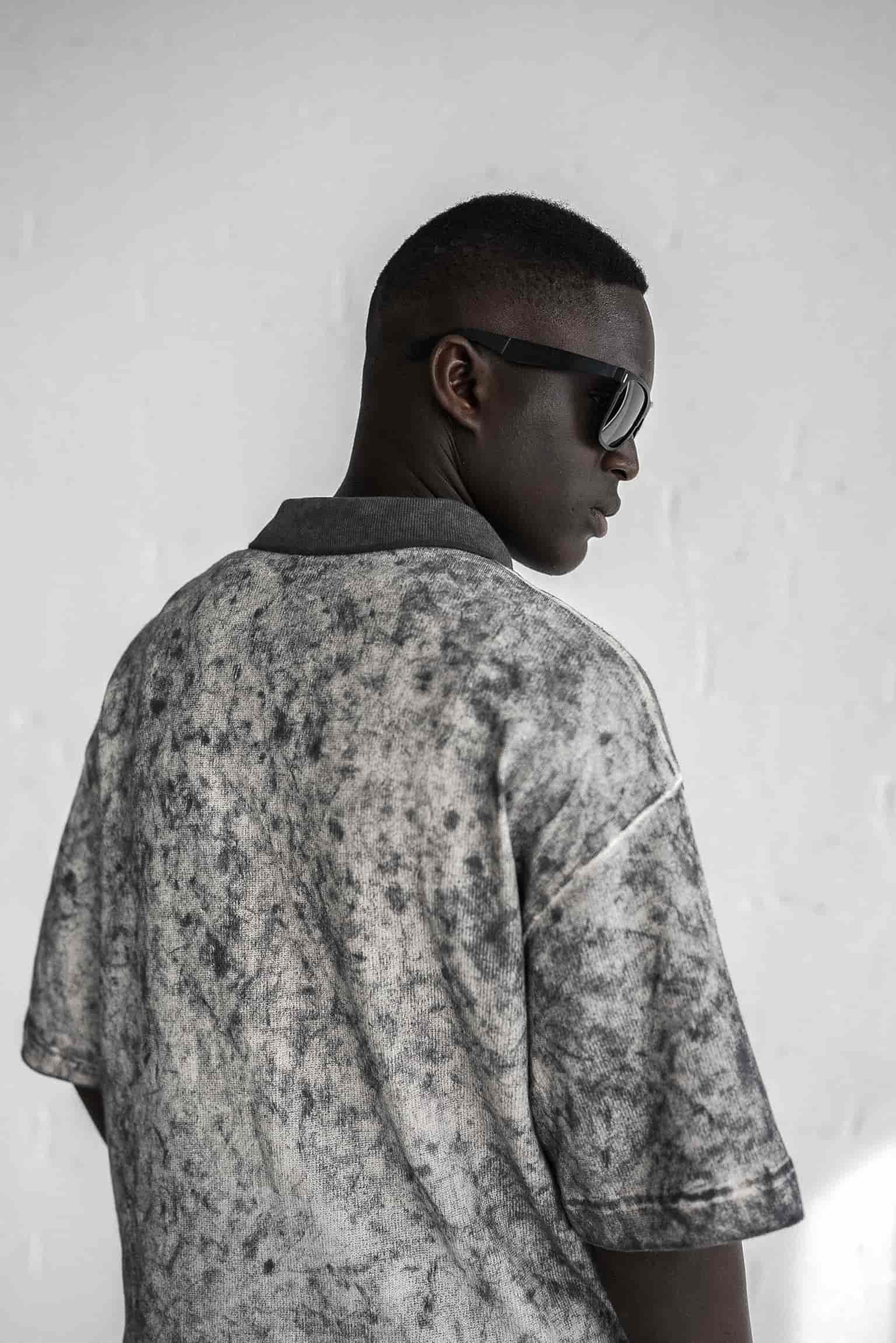 Erkek Düğmeli Polo Yaka Desenli Oversize Triko T-Shirt Siyah