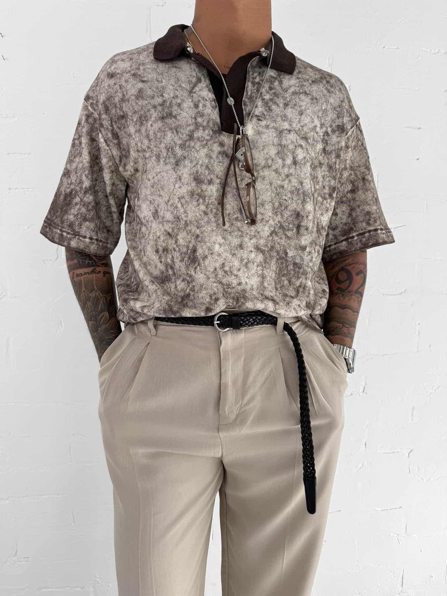 Erkek Düğmeli Polo Yaka Desenli Oversize Triko T-Shirt Kahverengi