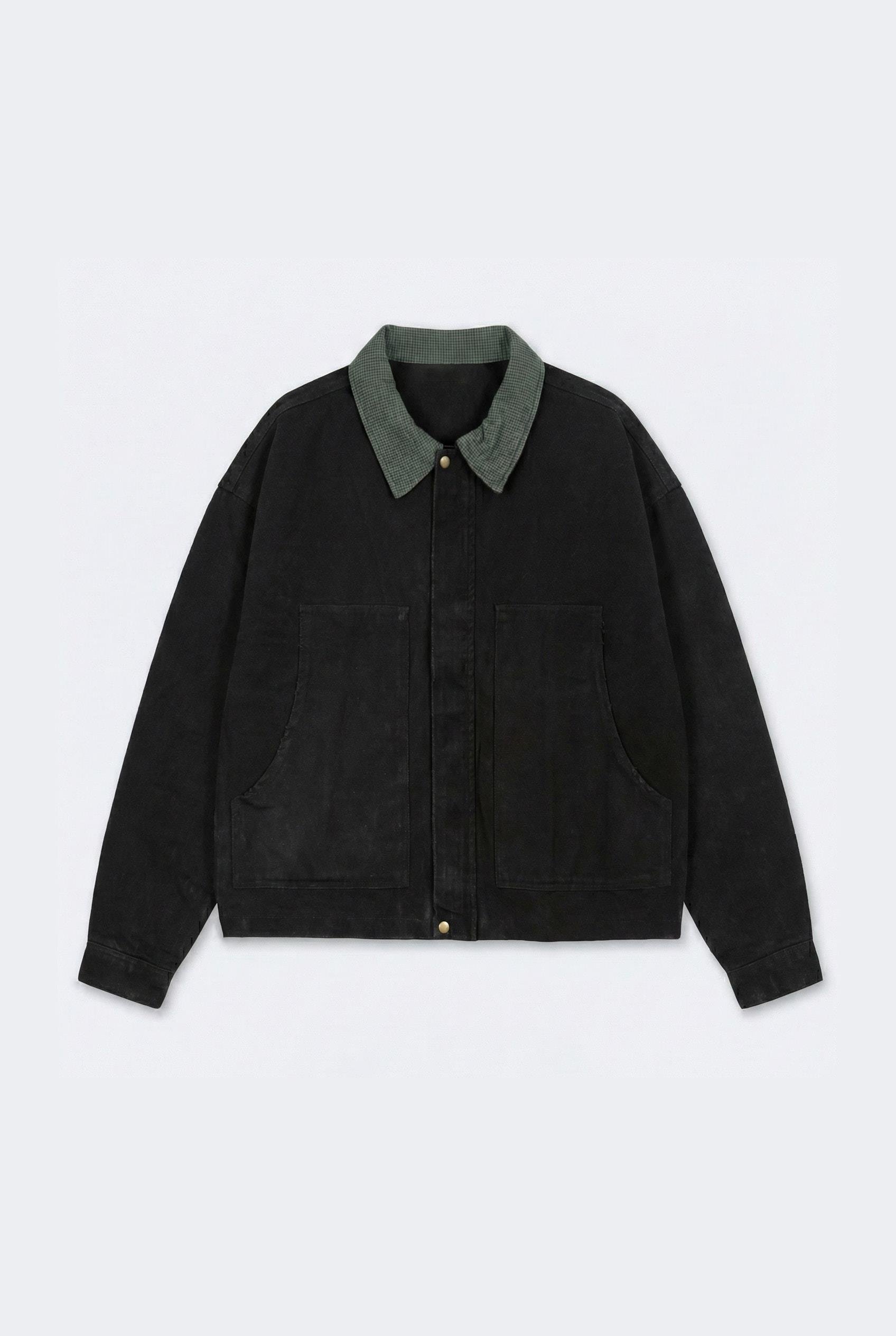 Erkek Ekose Detaylı Yıkamalı Relax Fit Ceket Siyah