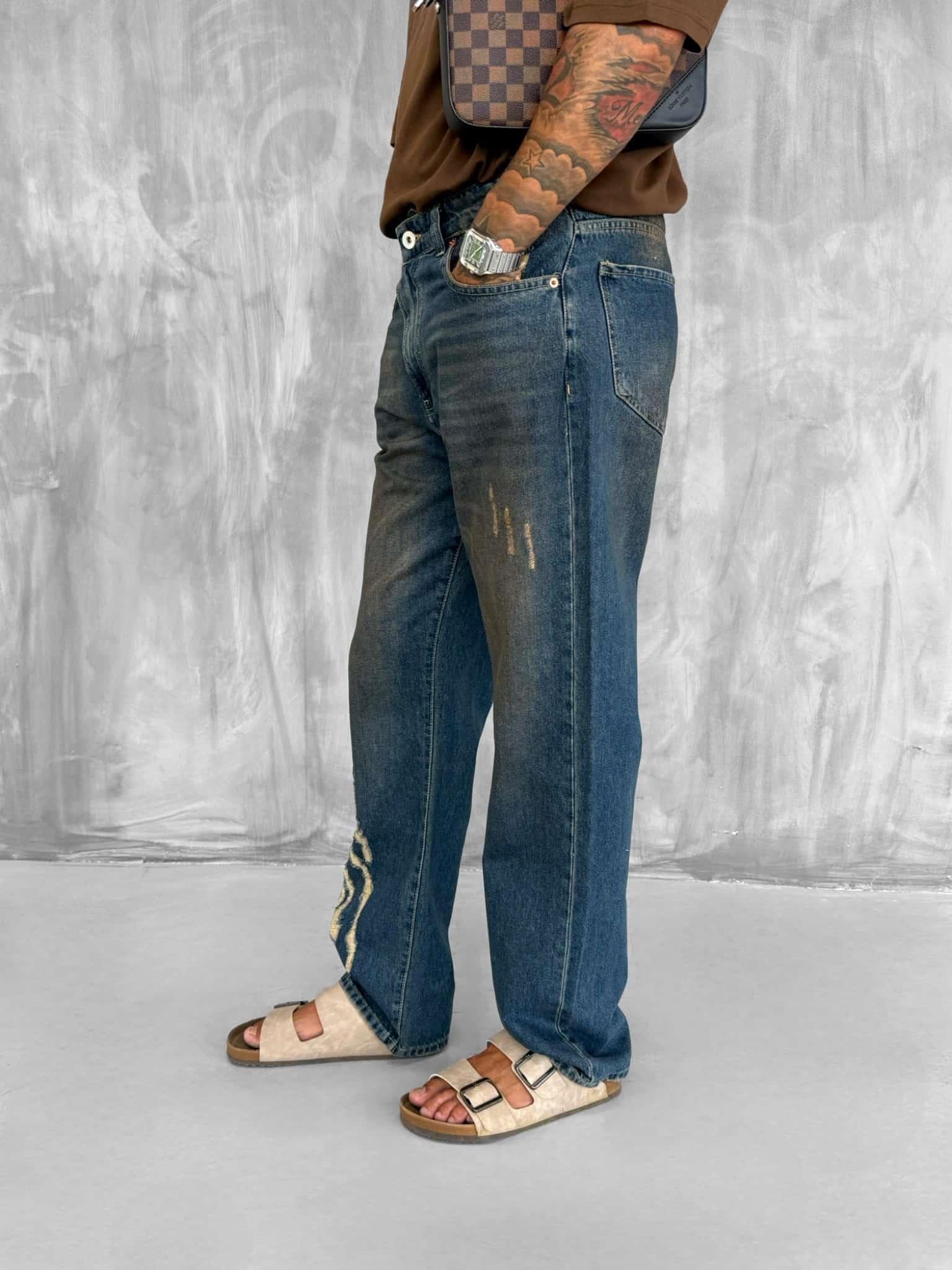 Erkek Eskitme Detaylı Baggy Fit Jean Lacivert
