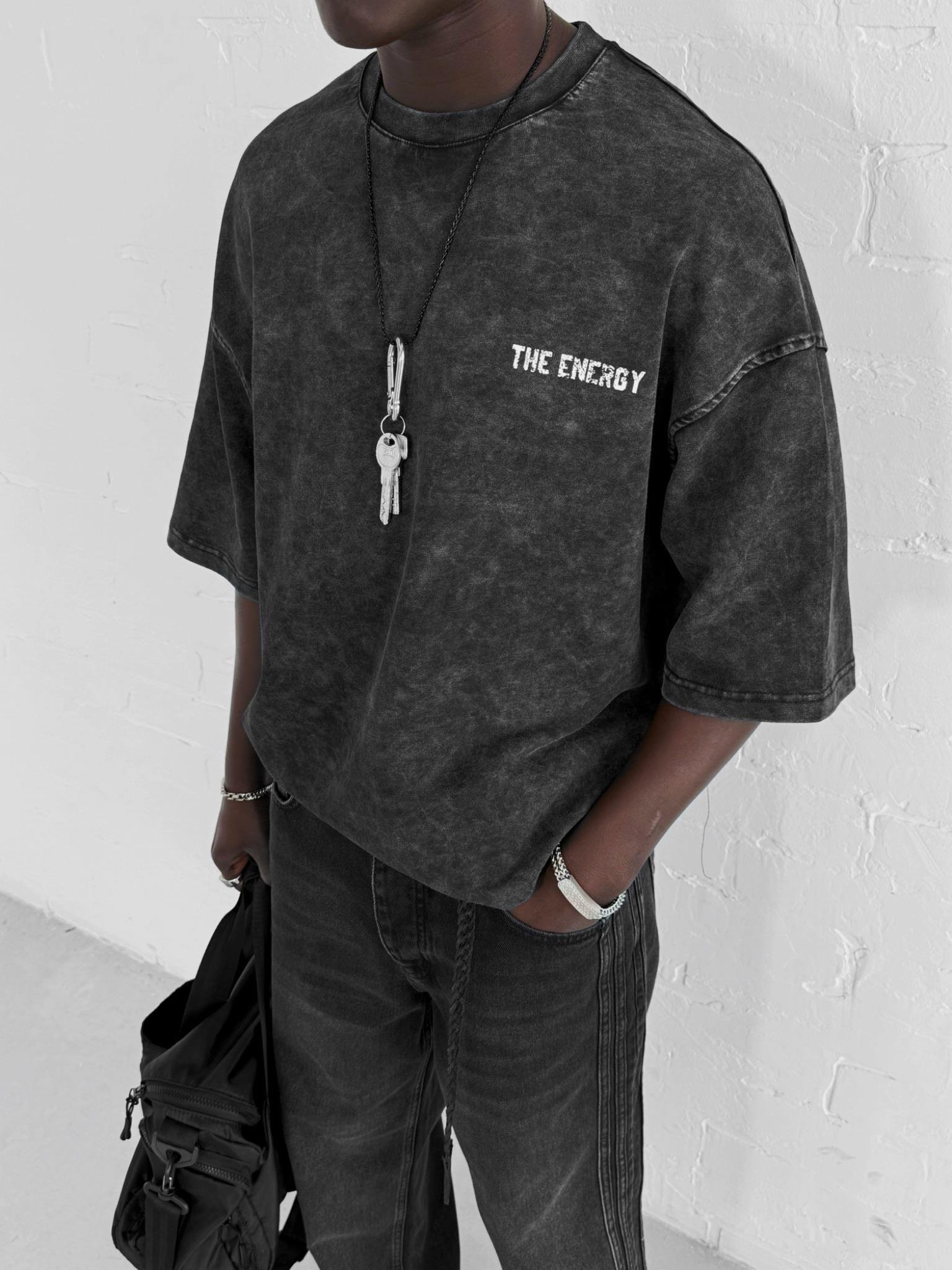 Erkek Eskitme Efektli Yıkamalı Baskılı Oversize T-Shirt Siyah