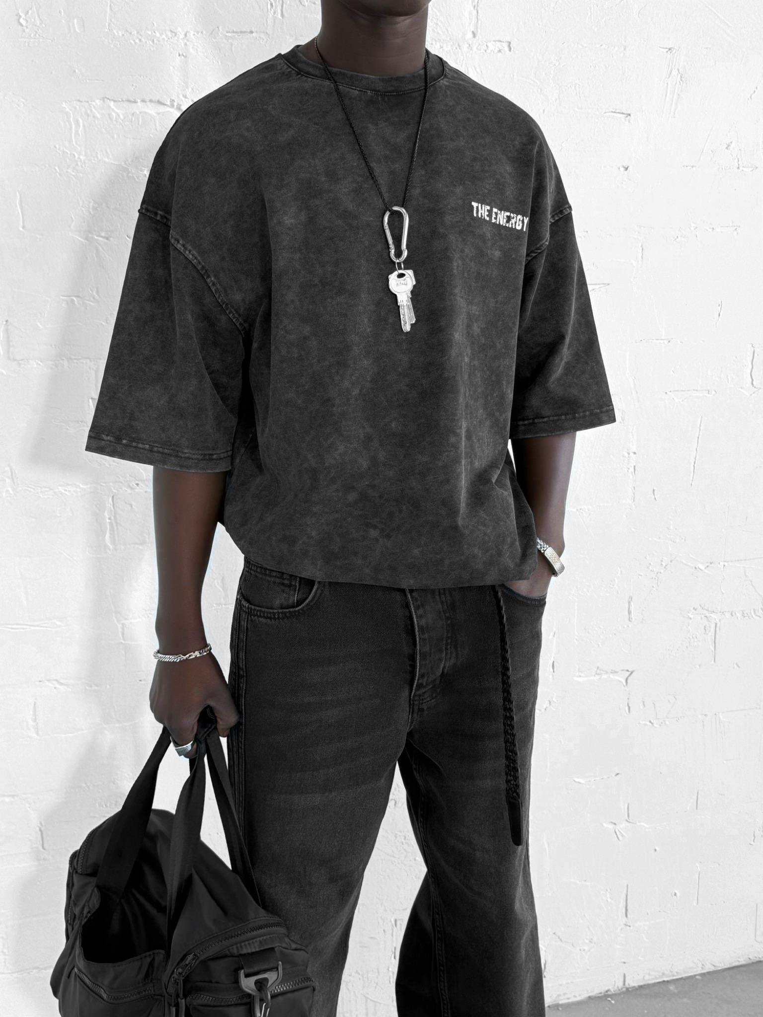 Erkek Eskitme Efektli Yıkamalı Baskılı Oversize T-Shirt Siyah