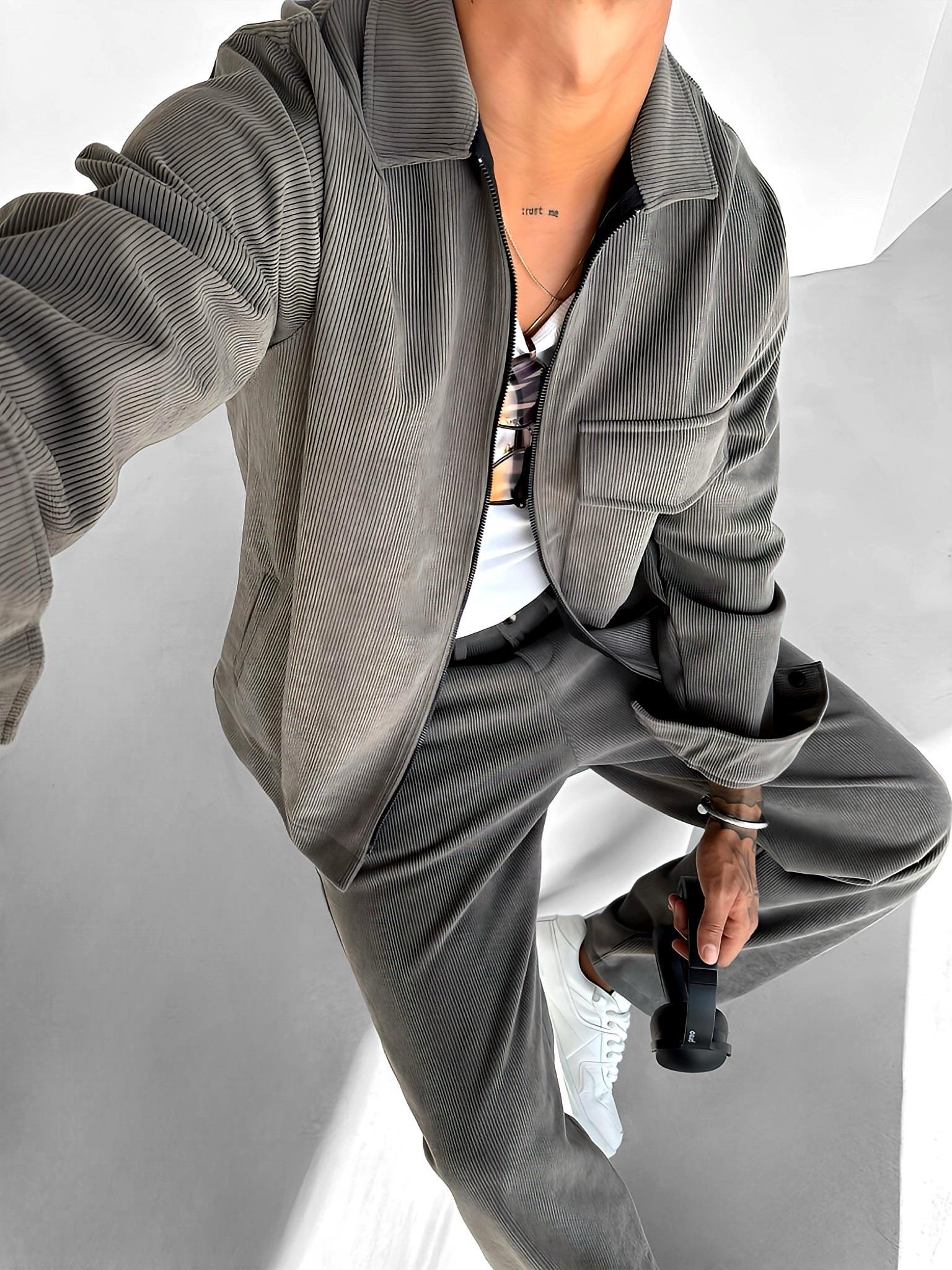 Erkek Fermuar Kapamalı Uzun Kollu Cepli Kadife Ceket Gri