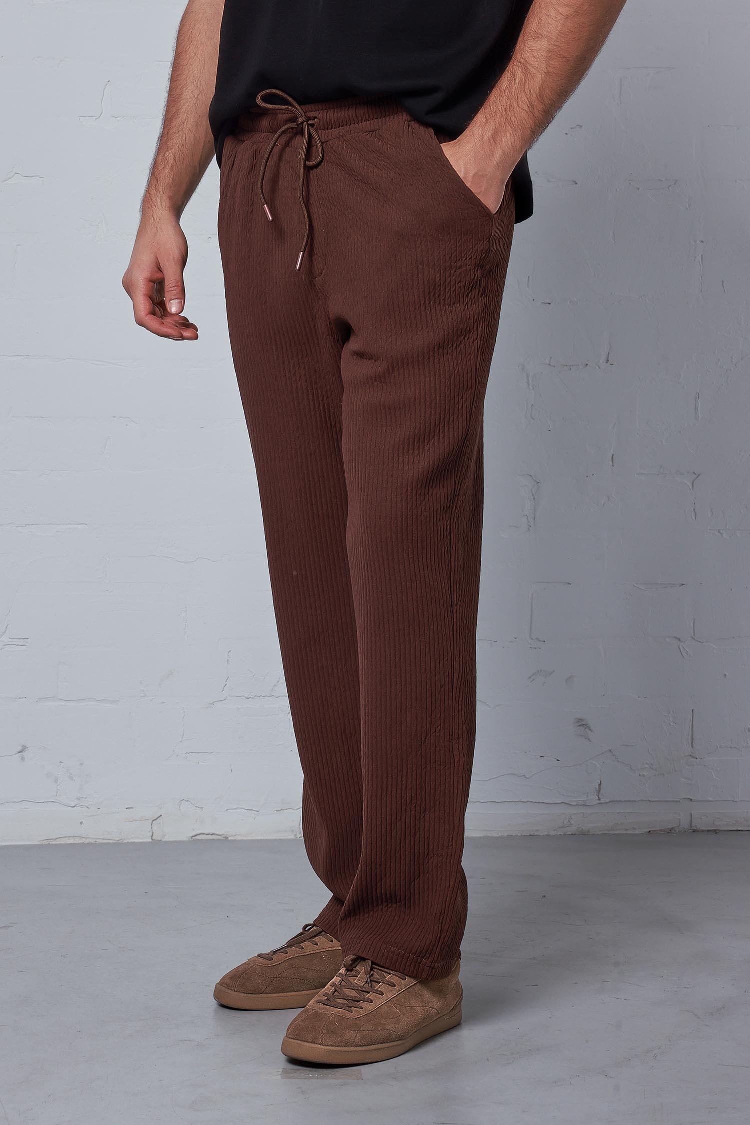 Erkek Fitilli Baggy Fit Rahat Eşofman Kahverengi