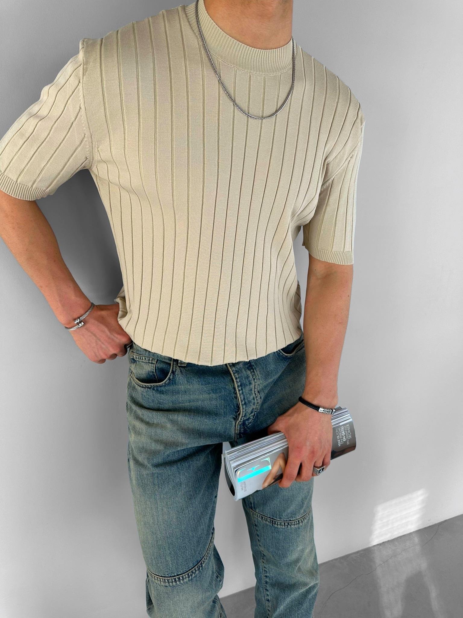 Erkek Fitilli Kısa Kol Triko T-Shirt Koyu Bej