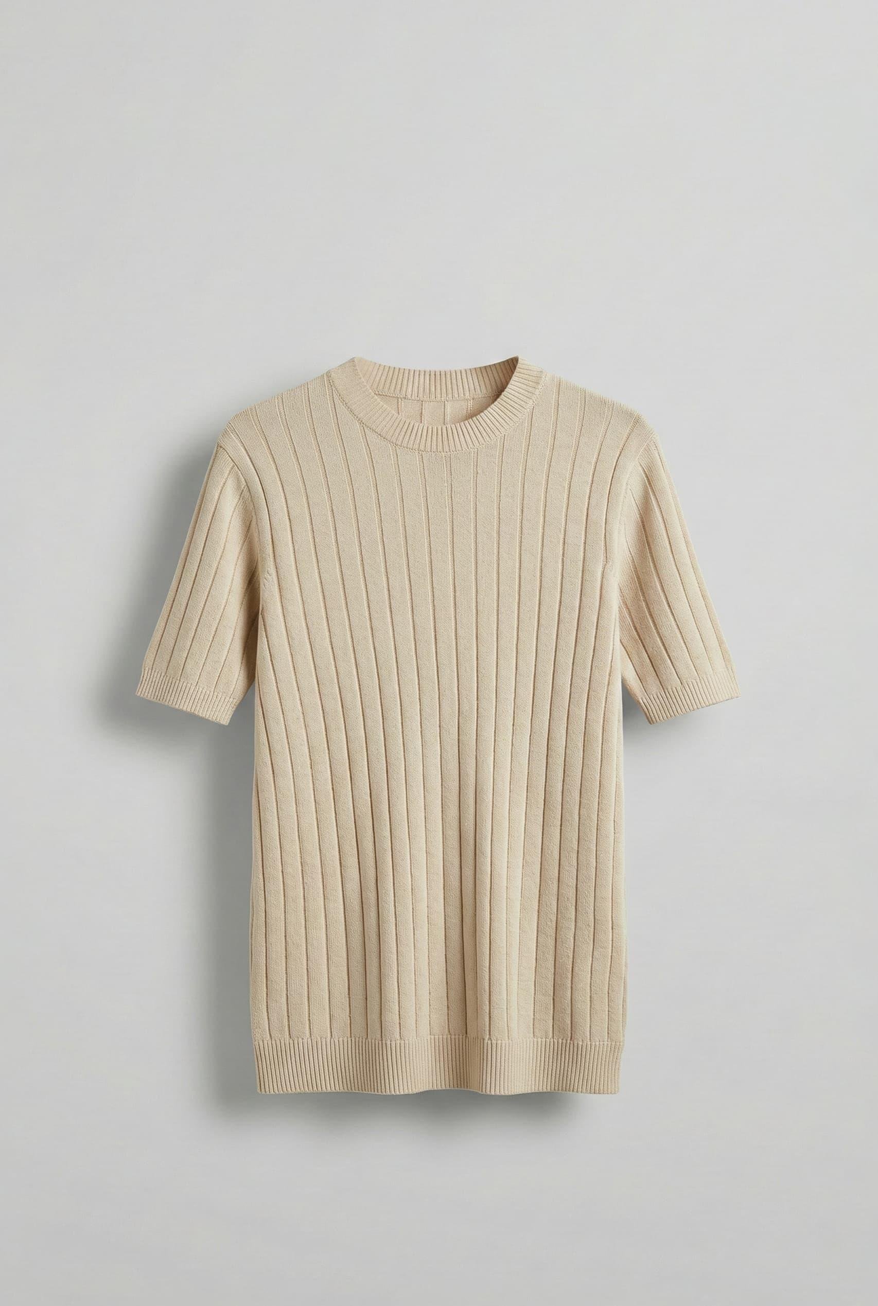 Erkek Fitilli Kısa Kol Triko T-Shirt Koyu Bej