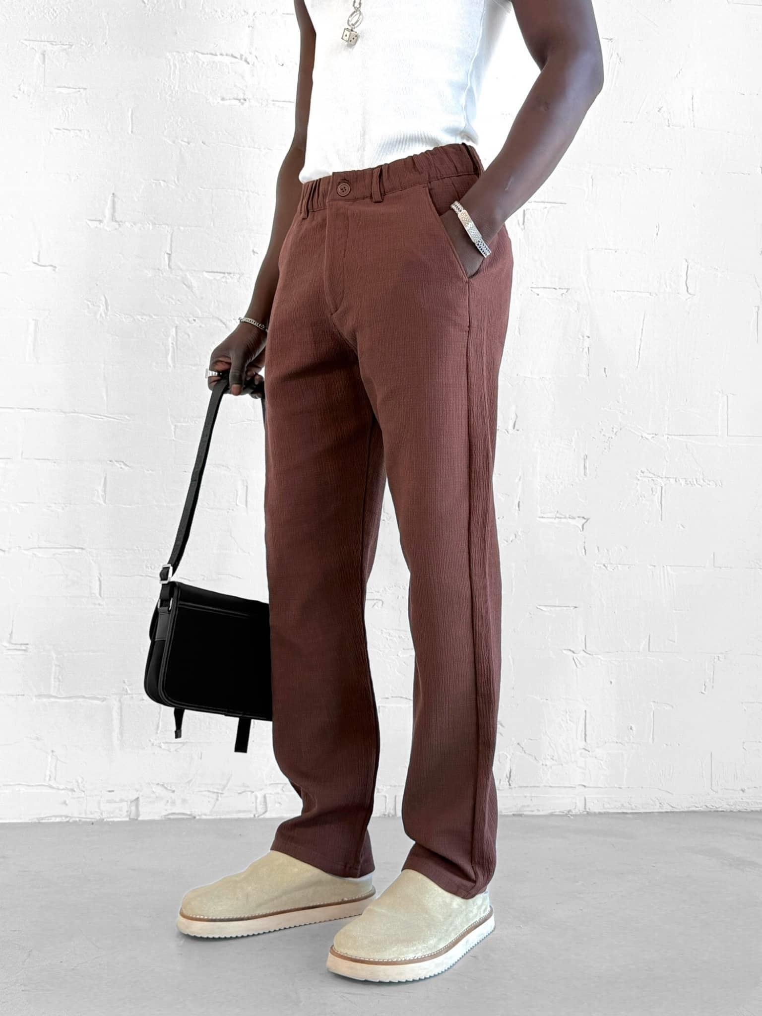 Erkek Gofre Kumaş Regular Fit Pantolon Kahverengi