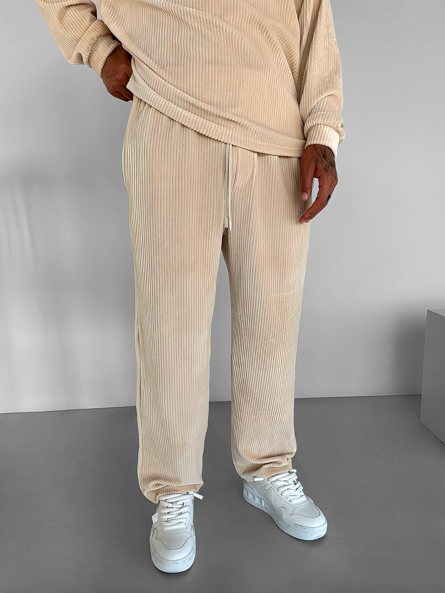 Erkek Jogger Esnek Rahat Beli Lastikli Fitilli Kadife Pantolon Bej