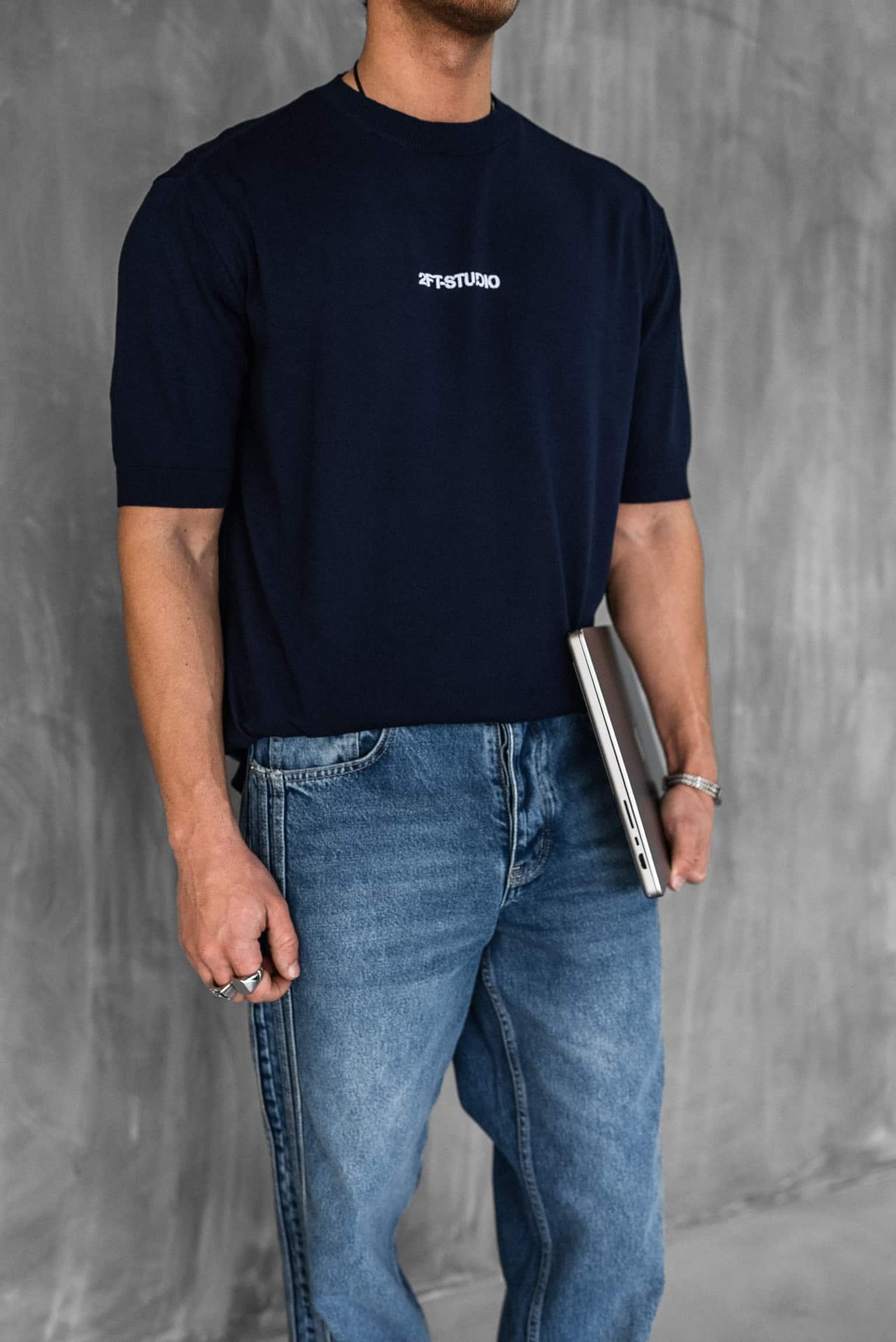 Erkek Kabartma Baskılı Esnek Regular Fit Triko T-Shirt Lacivert