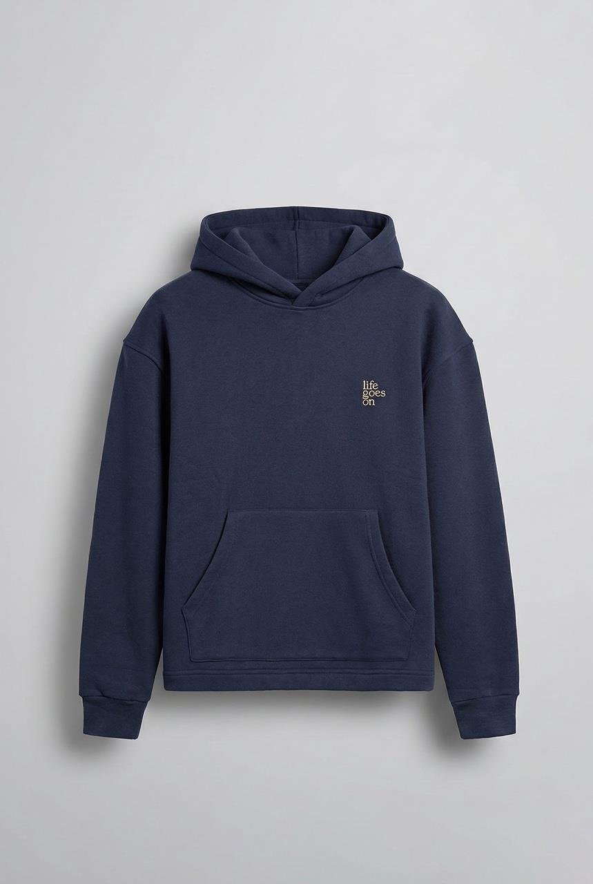Erkek Kabartmalı Baskılı Kapüşonlu Hoodie Lacivert