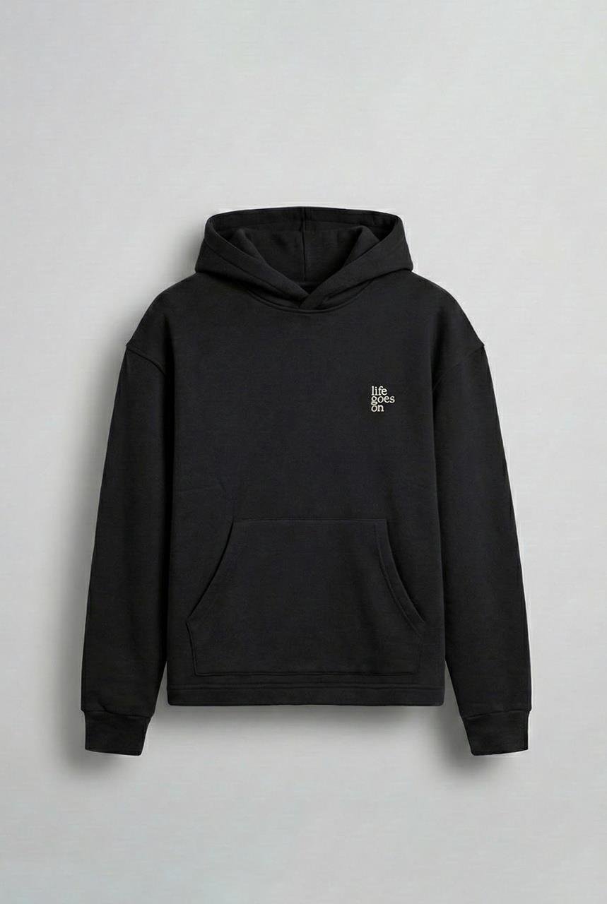 Erkek Kabartmalı Baskılı Kapüşonlu Hoodie Siyah