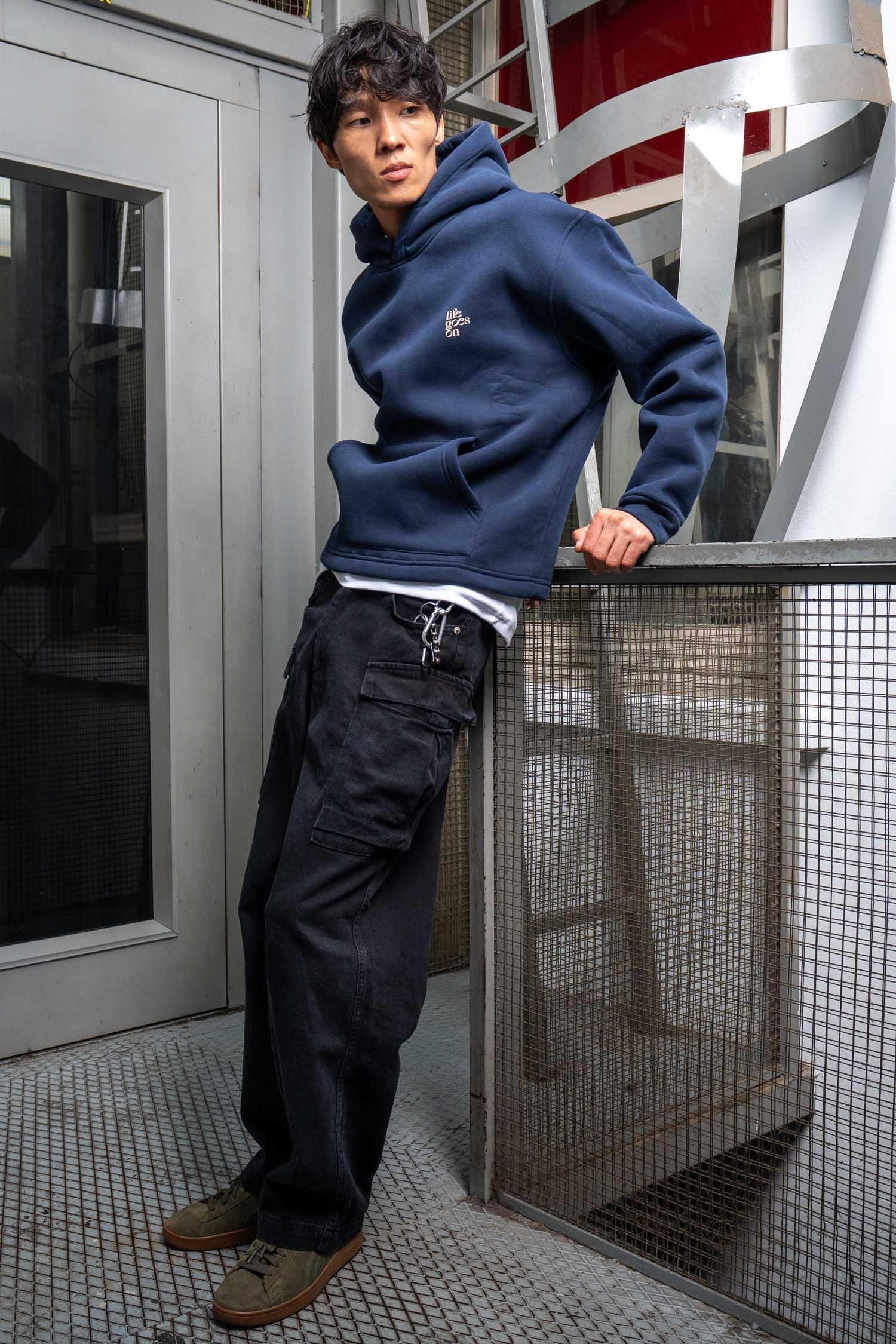 Erkek Kabartmalı Baskılı Kapüşonlu Hoodie Lacivert