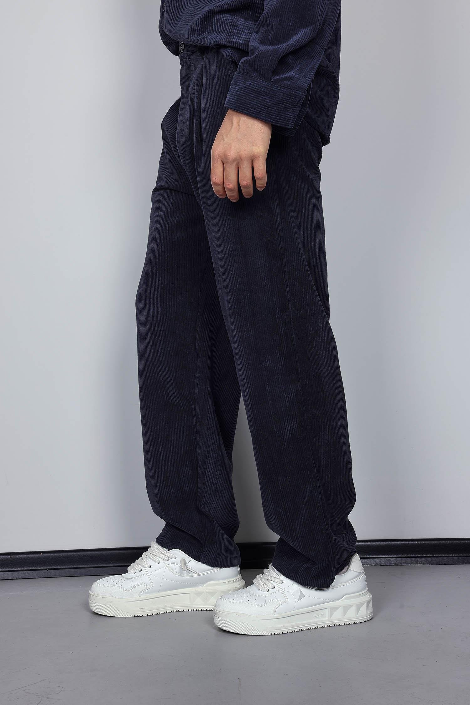 Erkek Kadife Dokulu Baggy Fit Pantolon Lacivert