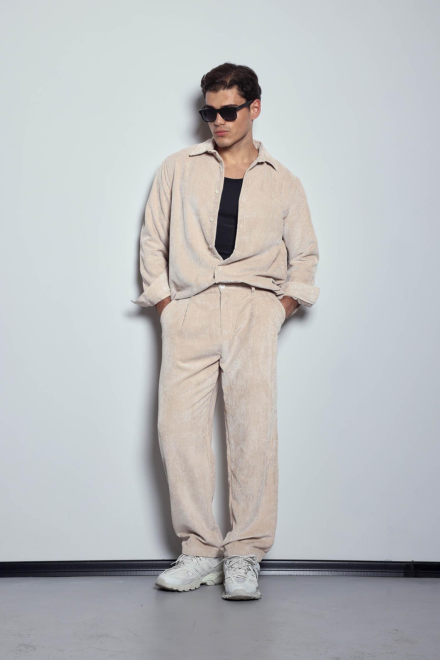 Erkek Kadife Dokulu Baggy Fit Pantolon Taş Rengi