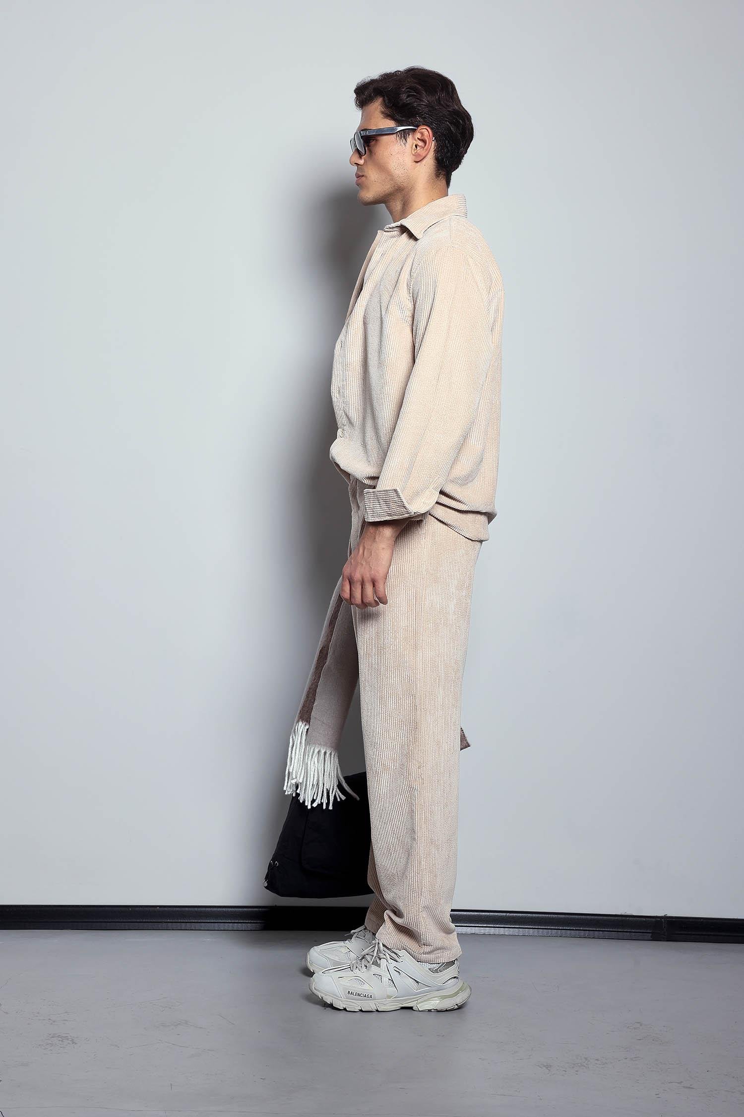 Erkek Kadife Dokulu Baggy Fit Pantolon Taş Rengi