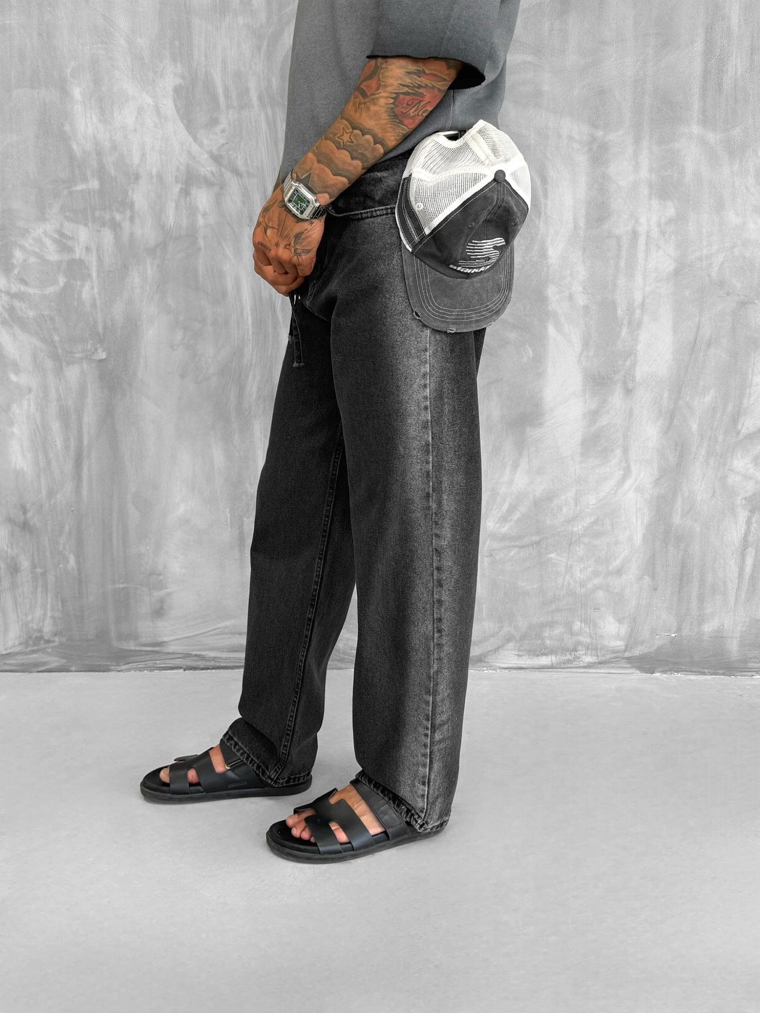 Erkek Kemer Detaylı Yıkamalı Baggy Fit Pantolon Siyah