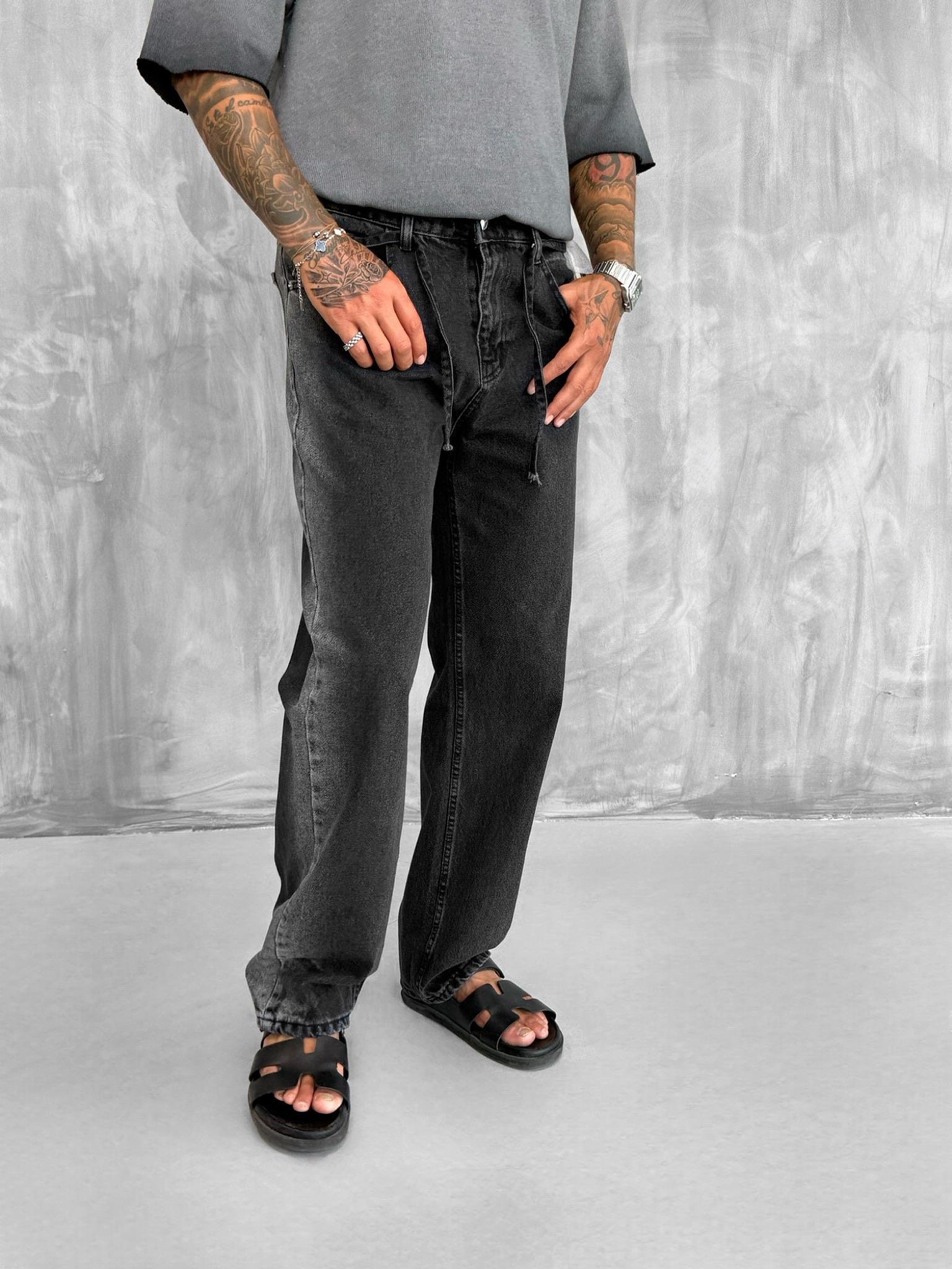 Erkek Kemer Detaylı Yıkamalı Baggy Fit Pantolon Siyah