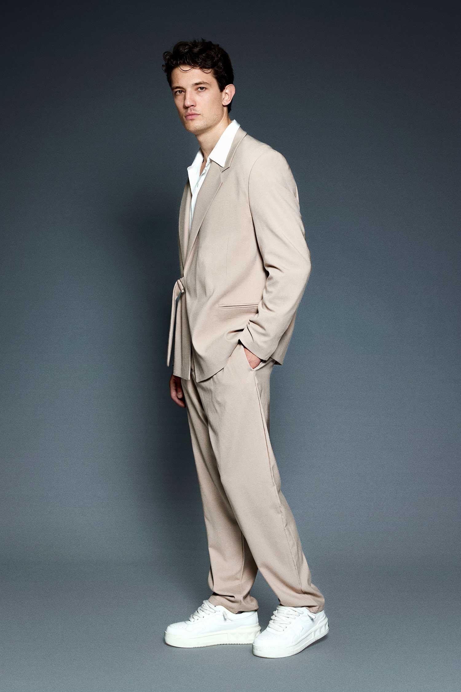 Erkek Kemerli Oversize Takım Elbise Bej