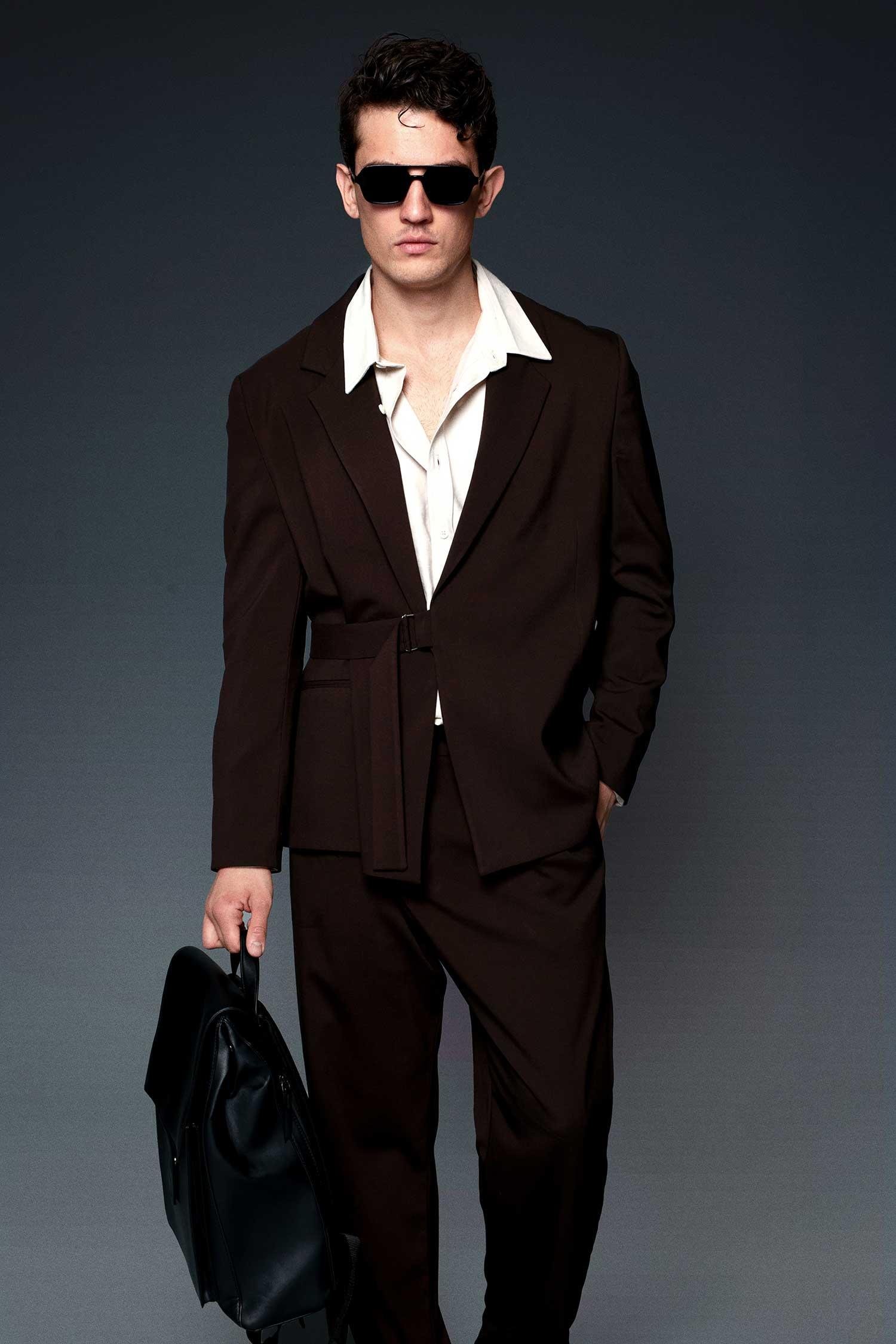 Erkek Kemerli Oversize Takım Elbise Kahve