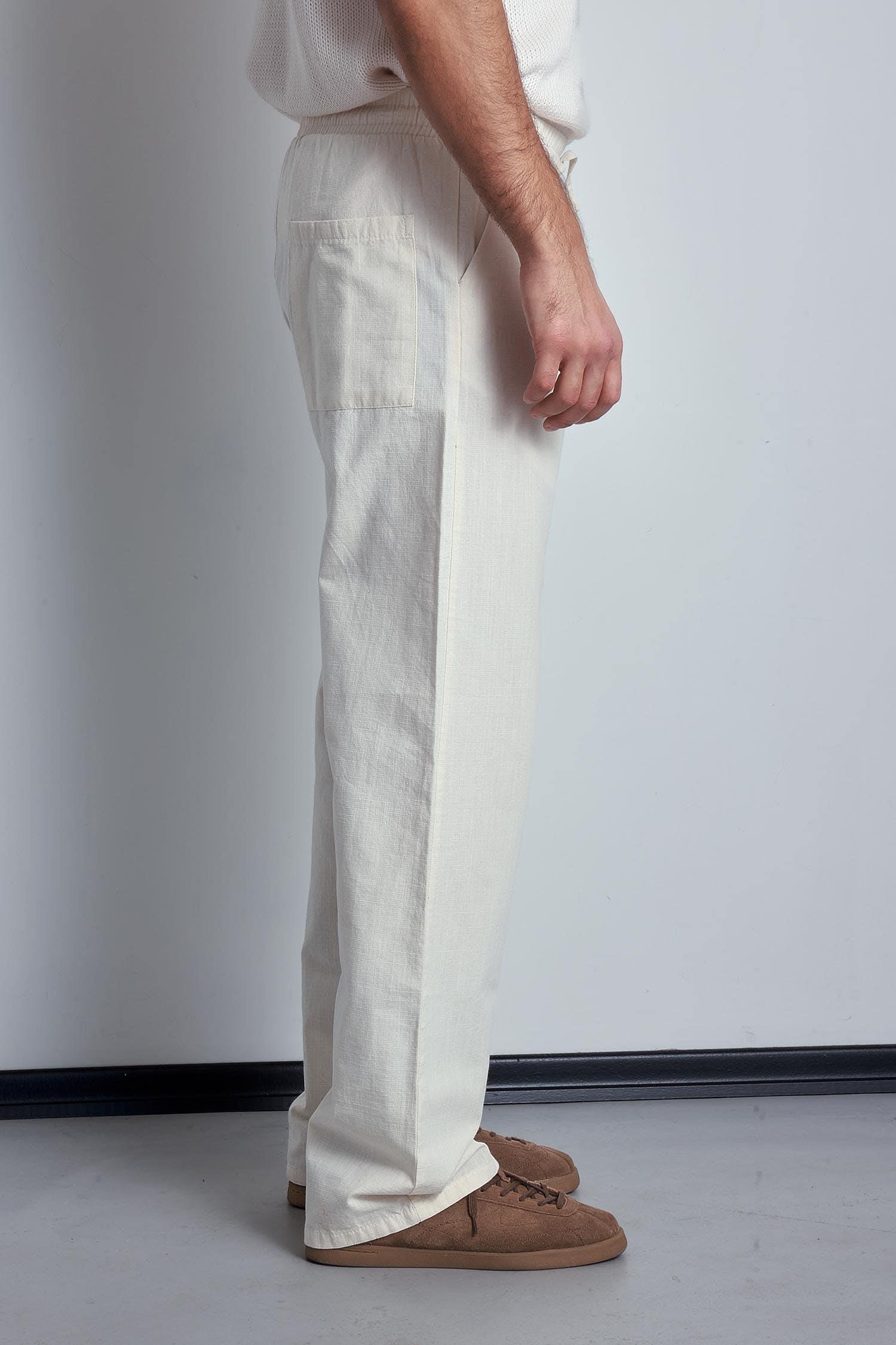 Erkek Keten Görünümlü Beli Lastikli Baggy Pantolon Bej