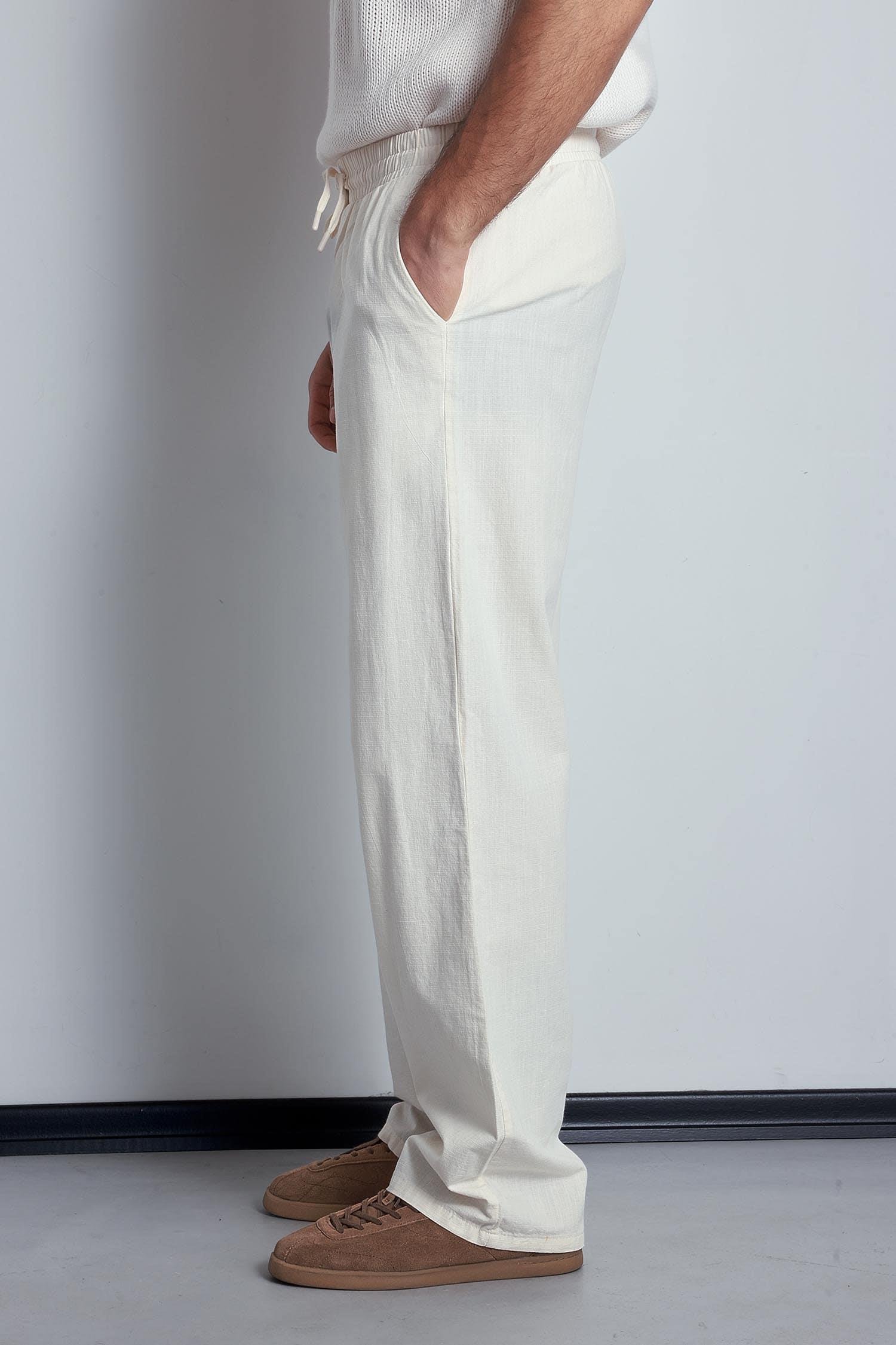 Erkek Keten Görünümlü Beli Lastikli Baggy Pantolon Bej