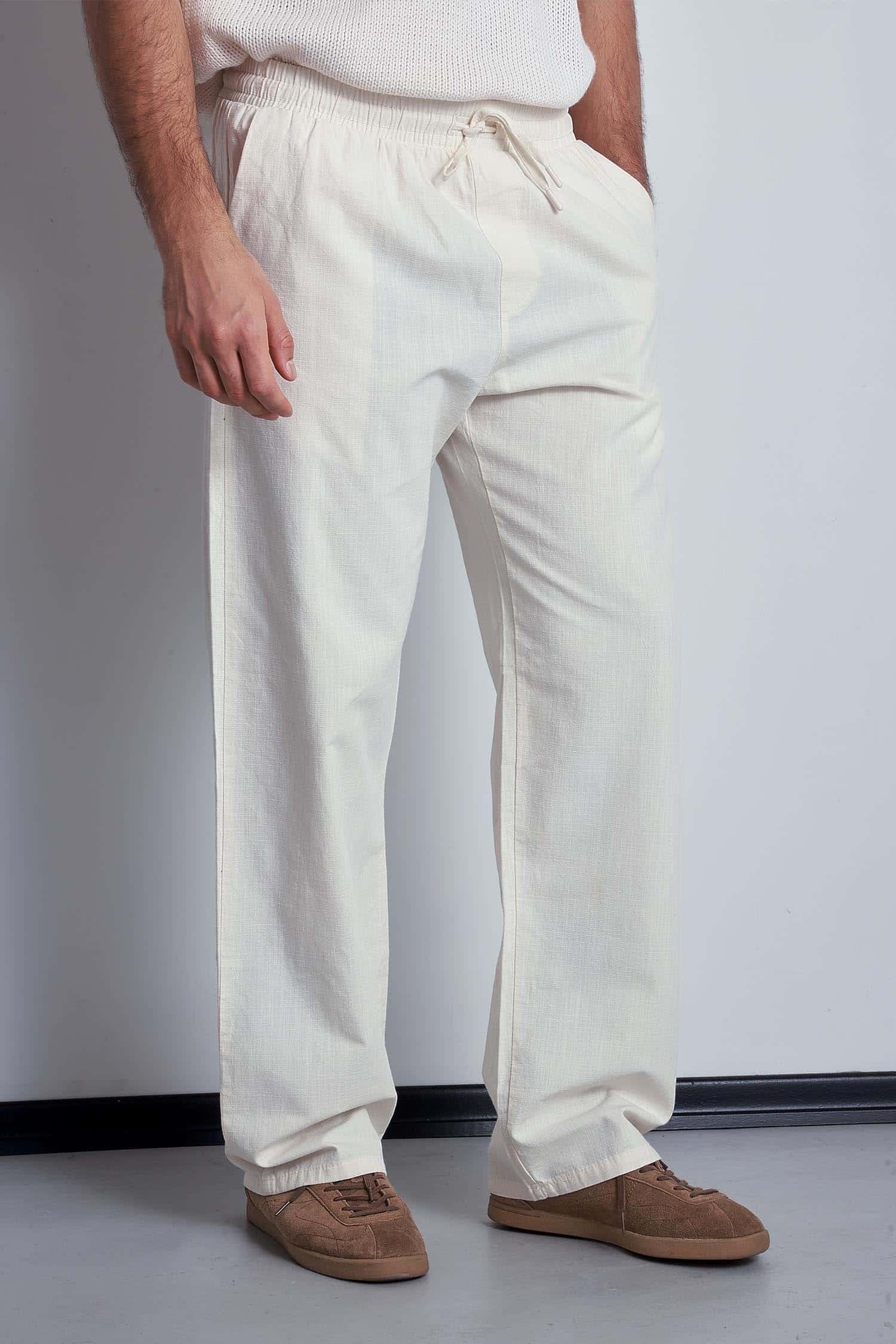 Erkek Keten Görünümlü Beli Lastikli Baggy Pantolon Bej