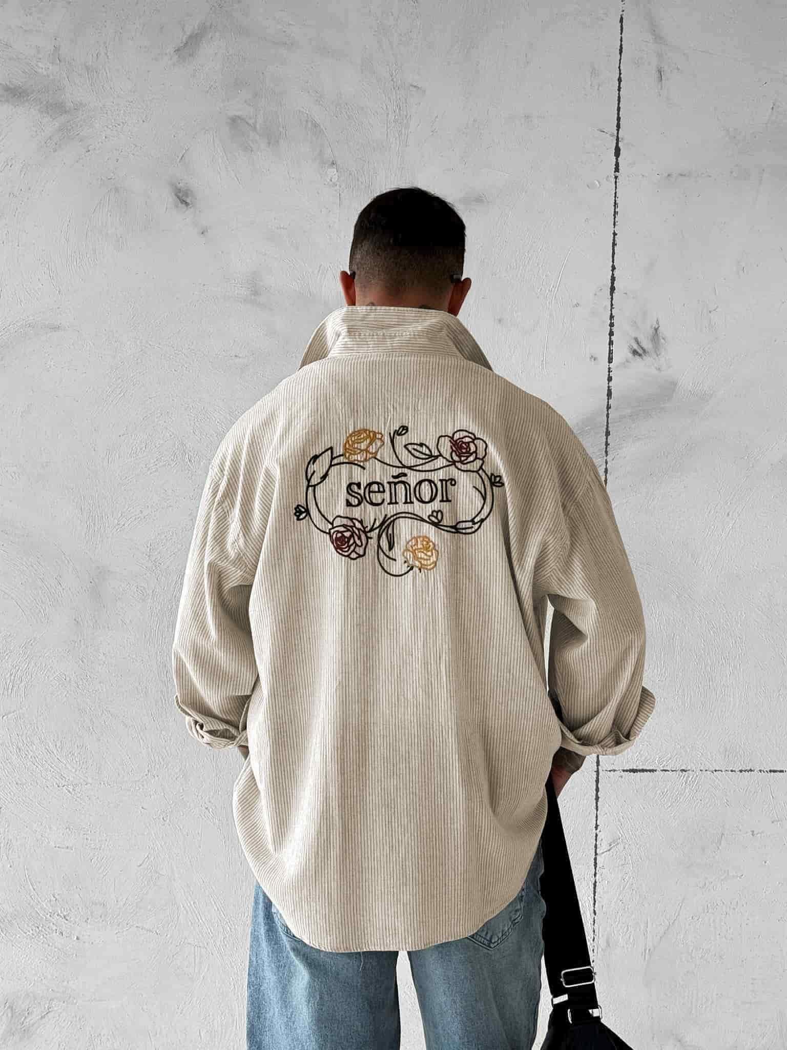 Erkek Keten Görünümlü Retro İşlemeli Oversize Gömlek Bej